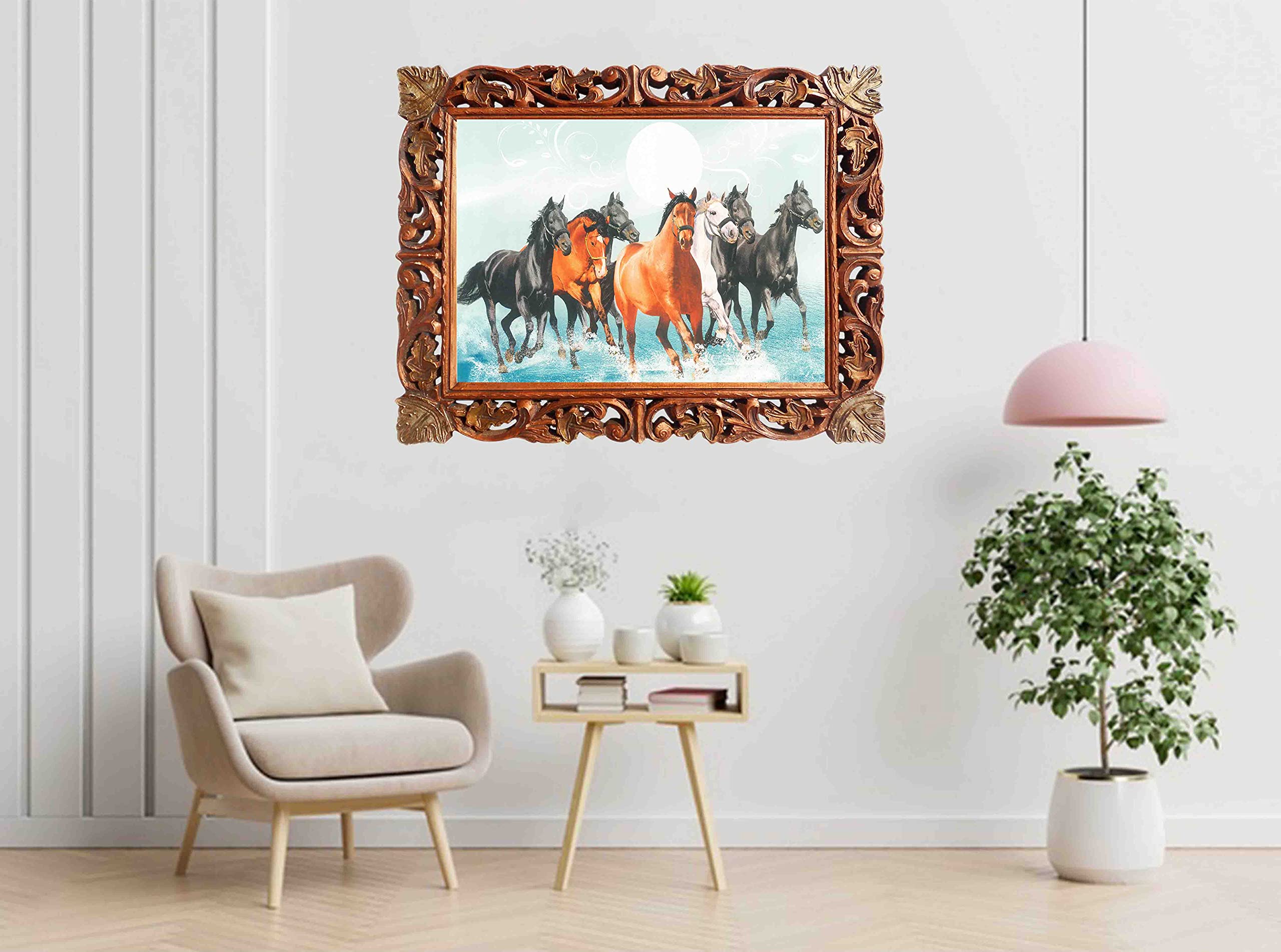 Seven Running Horses in Water Poster Print - Handcrafted Wood Framed Wall Art for Vaastu Shastra, Feng Shui Home & Office Decor - Brings Peace, Harmony & Success | Perfect for Living Room, Bedroom or Workspace