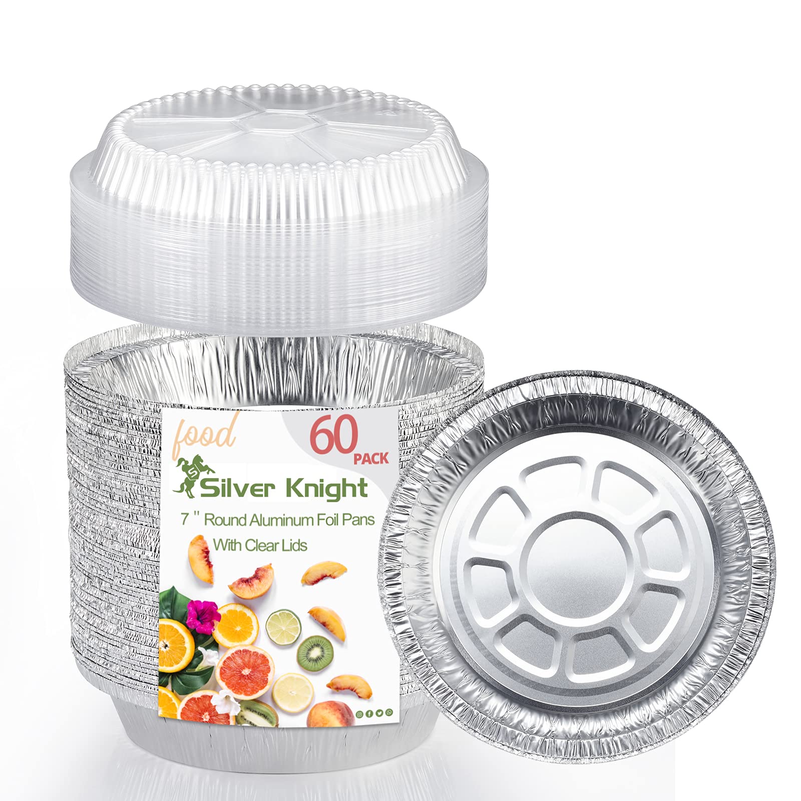 Silver Knight 60-Pack 7-Inch Round Aluminum Foil Pans with Plastic Dome Lids - Disposable Baking Pans for Roasting, Meal Prep, Takeout Containers - Perfect for Parties, Catering & Food Storage
