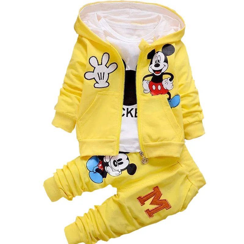 Cartoon Mickey & Minnie Printed Boys Girls 3-Piece Outfit Set - Long Sleeve Shirt, Hooded Coat & Pants for Toddlers | Fall Autumn Kids Clothes with Embroidery | Perfect for Playdates, Preschool & Family Outings