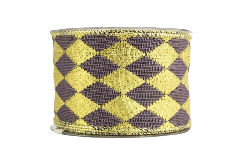 Reversible Diamond Pattern Ribbon with Gold Edge - 6 Inch x 10 Yard Purple Wired Ribbon for Gift Wrapping, DIY Crafts, Wedding Decorations and Hair Accessories