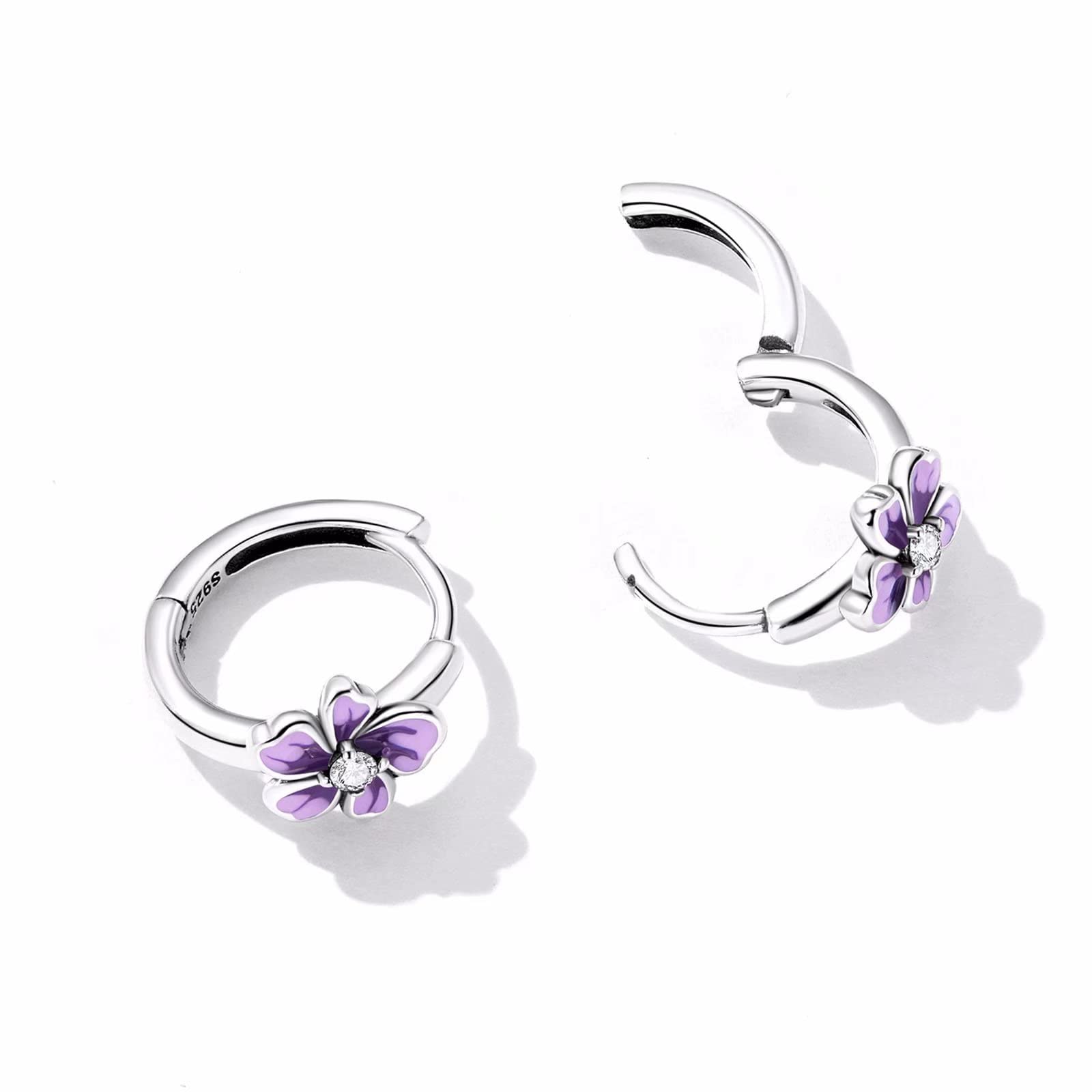 Hypoallergenic S925 Sterling Silver Purple Flower Hoop Earrings for Women - Dainty Huggie Hoops with Fresh Floral Design, Perfect for Everyday Wear, Date Nights & Gift Giving