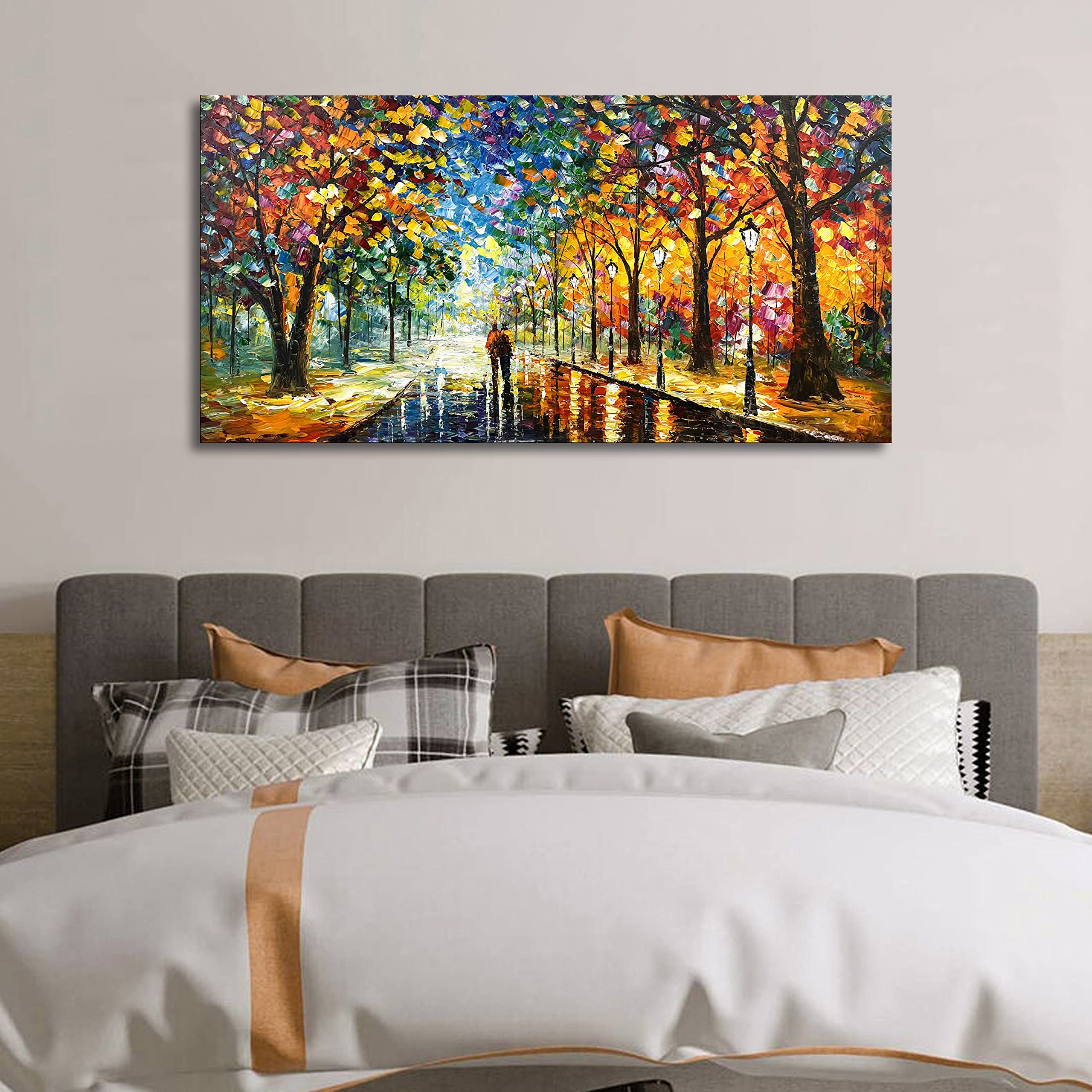 Hand-Painted Modern Park Landscape Oil Painting on Canvas - Contemporary Abstract Wall Art Decor 24x48 Inch - Perfect for Living Room, Bedroom & Office Decorations