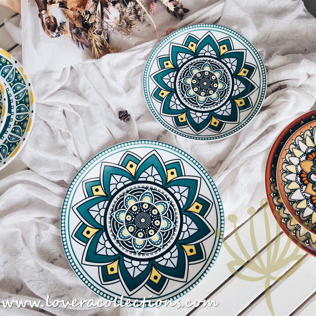 Mandala Green & White Salad Plate Set - Elegant Hand-Painted Ceramic Dinnerware for Home & Restaurant Use - Perfect for Salads, Appetizers, Desserts & Party Serving