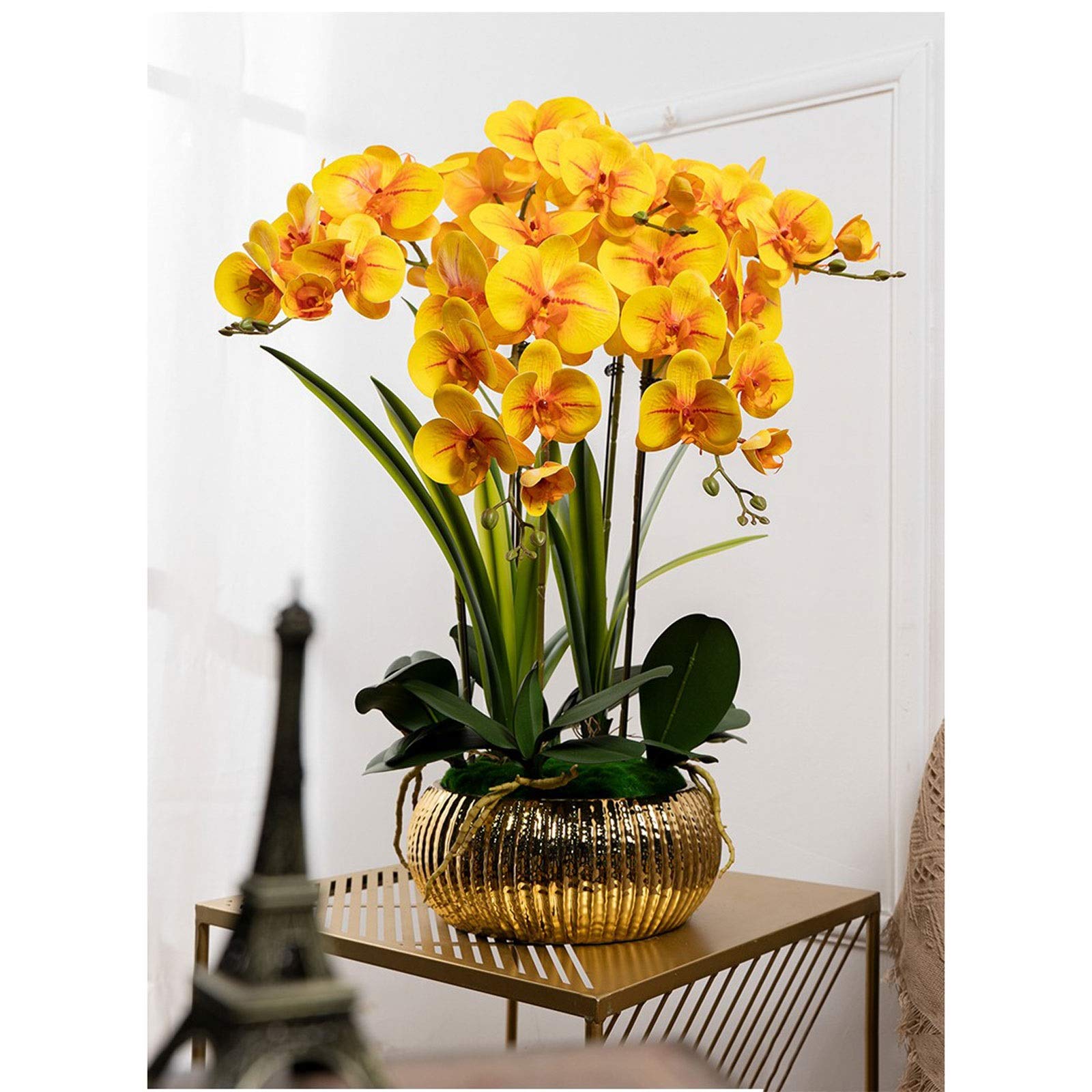 Premium Artificial Silk Phalaenopsis Orchid Flower Arrangement with Ceramic Vase - Elegant Yellow Faux Orchids for Wedding Centerpieces, Party Decor & Dining Table Decoration - Perfect for Home, Office & Event Styling