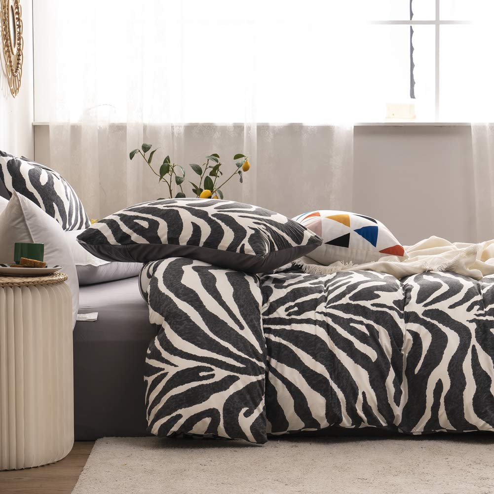 Zebra Duvet Cover Set Twin Size 100% Cotton - Black and White Animal Print Leopard Comforter Cover with Zipper & Ties + 2 Pillowcases - Soft Bedding for Kids, Teens, Boys & Girls - Perfect for Jungle Themed Rooms, Kids Bedrooms & Wild Animal Decor