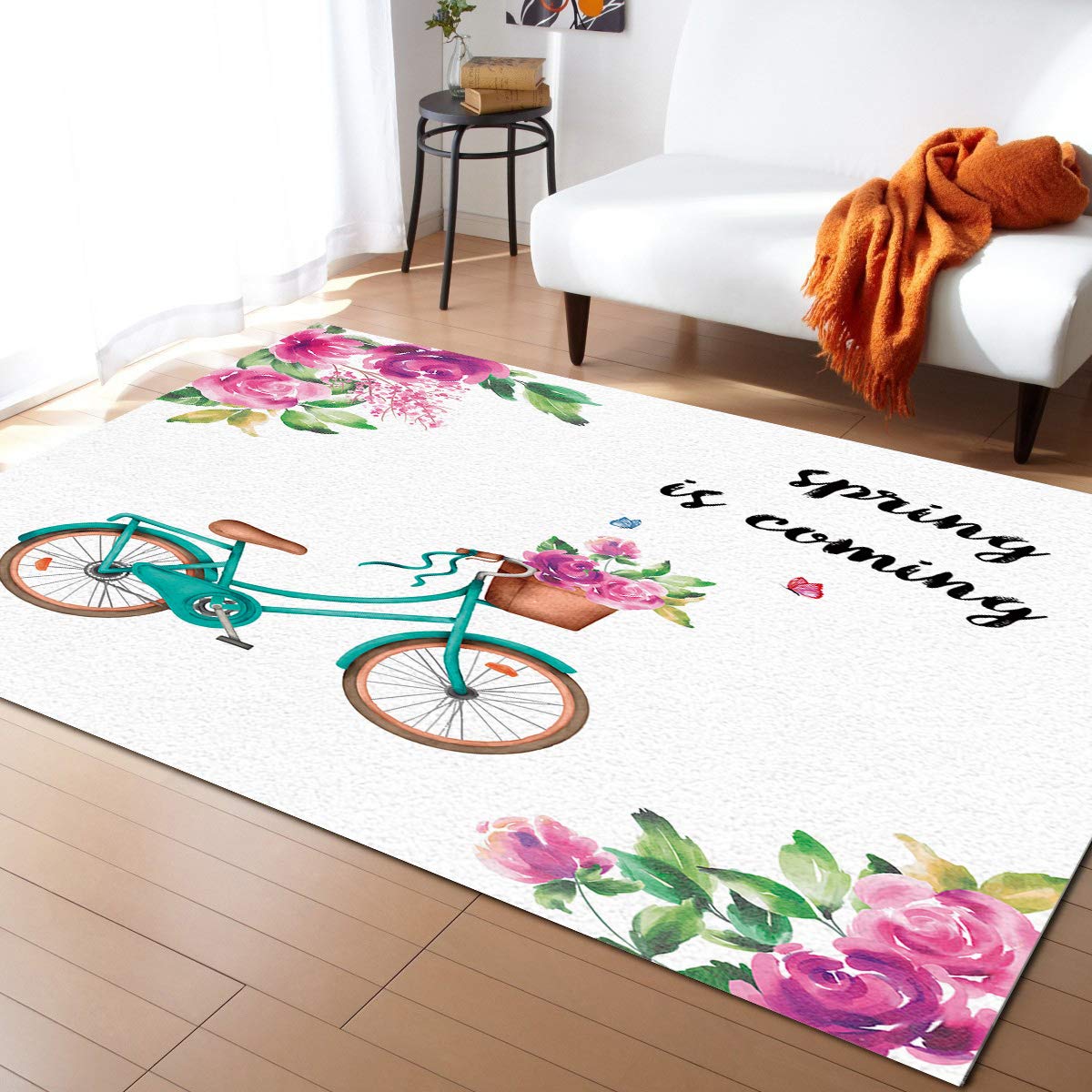 LBDecor 4x6ft Large Non-Slip Area Rug - Spring Floral Bicycle Design for Living Room, Bedroom, Hallway | Indoor/Outdoor Watercolor Flower Runner Carpet for Home Decor, Nursery & High-Traffic Areas