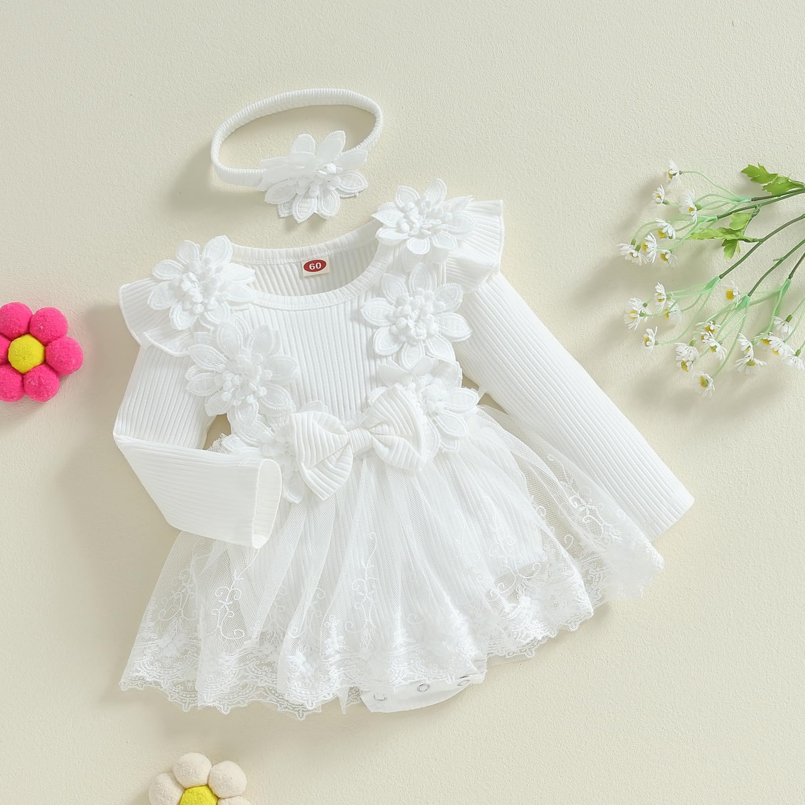 **Baby Girl Princess Birthday Party Dress - Long Sleeve Lace Flower Tutu Romper - Newborn Fall Outfit for Photoshoots, Holidays & Special Occasions**