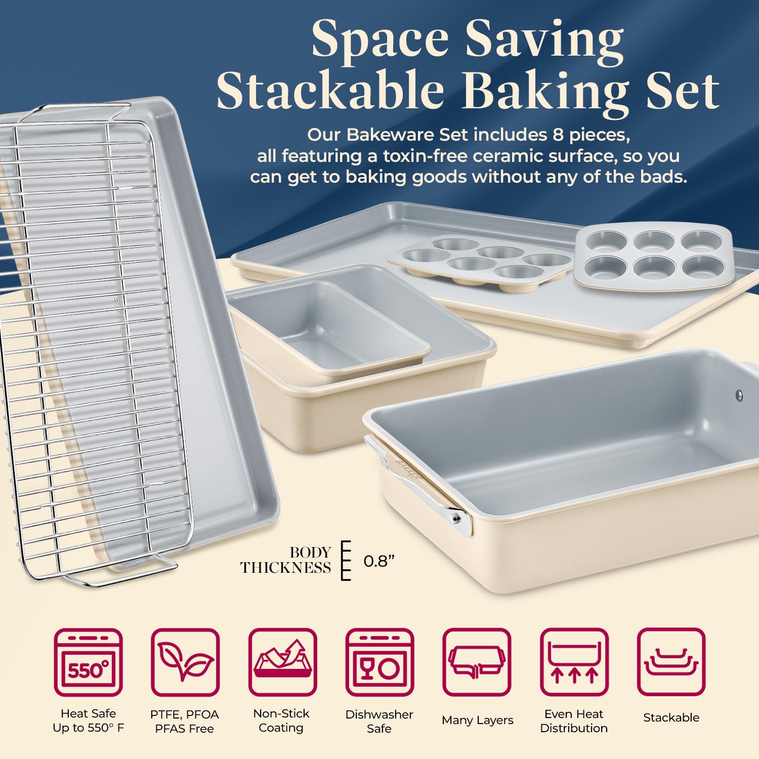 Bakken 8-Piece Stackable Bakeware Set - Non-Stick Ceramic Baking Sheets & Pans, PTFE/PFOA/PFOS Free - Oven Safe, Ergonomic Handles with Cooling Rack for Healthy Baking - Perfect for Cookies, Cakes, Bread & Party Desserts