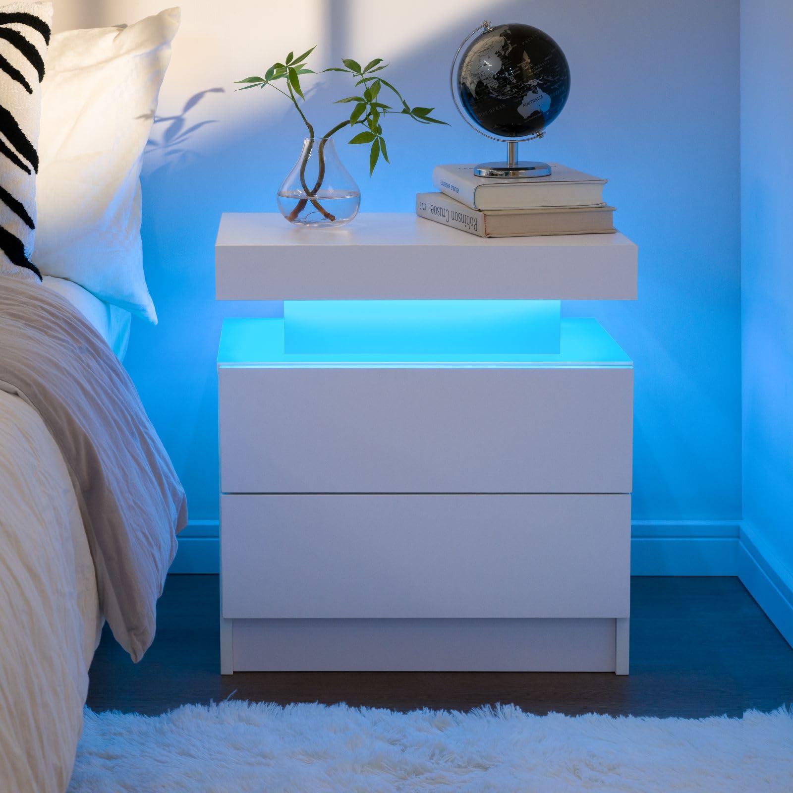 Modern White LED Nightstand Set of 2 - Bedside Table with 2 Drawers & USB Charging Ports - Perfect for Bedroom, Living Room & Small Spaces