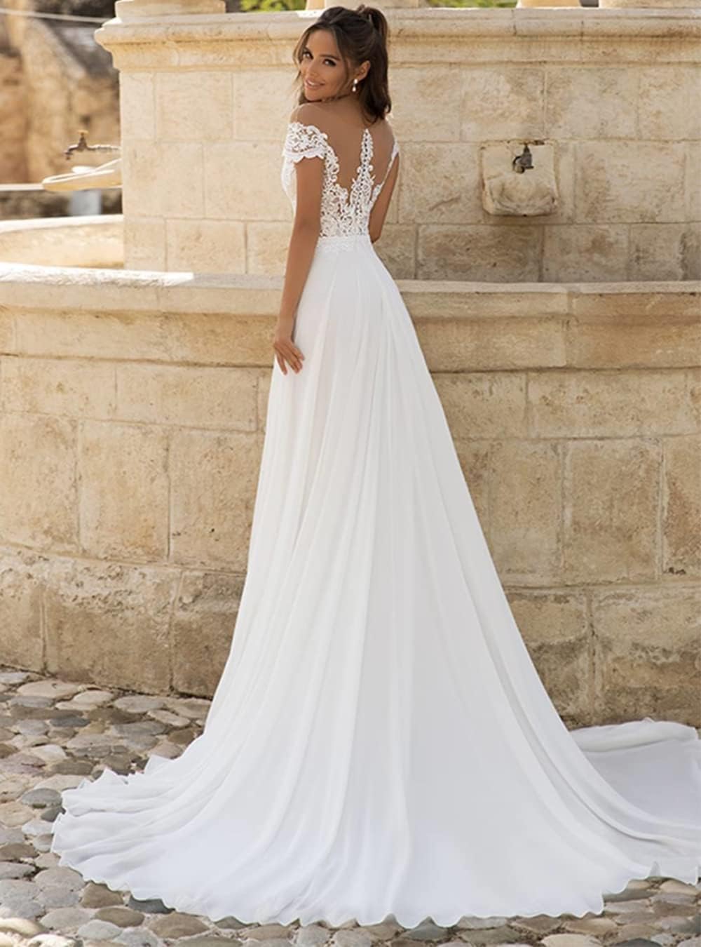 Elegant Illusion Off-Shoulder Wedding Dress with Lace Applique & Chiffon Train - Romantic A-Line Bridal Gown with Thigh Slit for Beach, Church & Garden Ceremonies