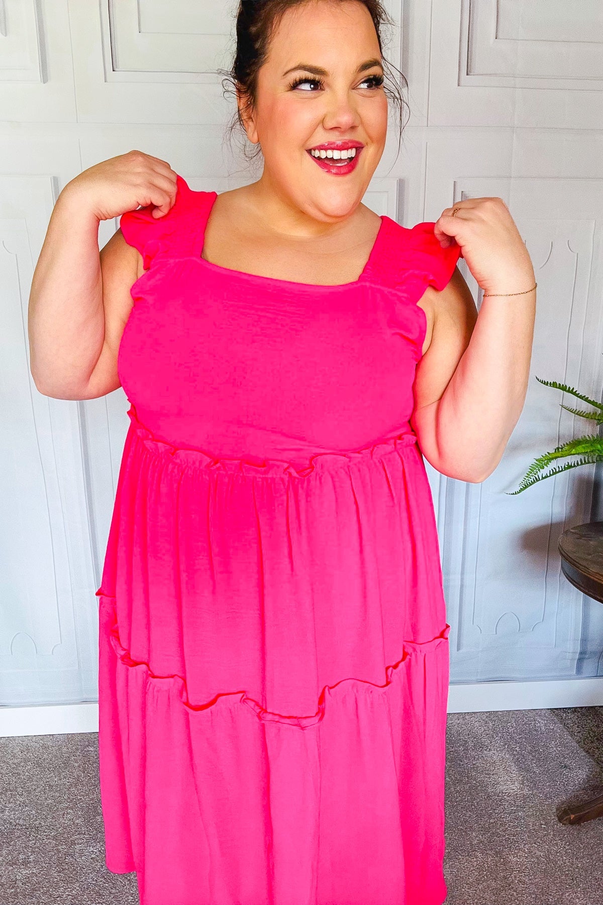 Fuchsia Smocked Flutter Sleeve Tiered Midi Dress for Women - Elegant Summer Casual & Wedding Guest Outfit