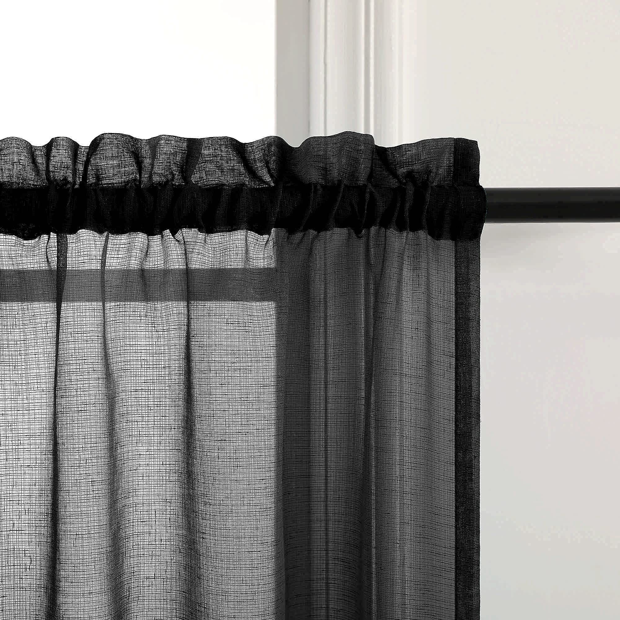 24 Inch Semi-Sheer Black Lace Curtains - Rod Pocket Linen Look Kitchen & Bathroom Window Treatments - Modern Half Cafe Style for Small Windows, Front Door, Non See-Through - Perfect for Privacy & Home Decor (Set of 2)