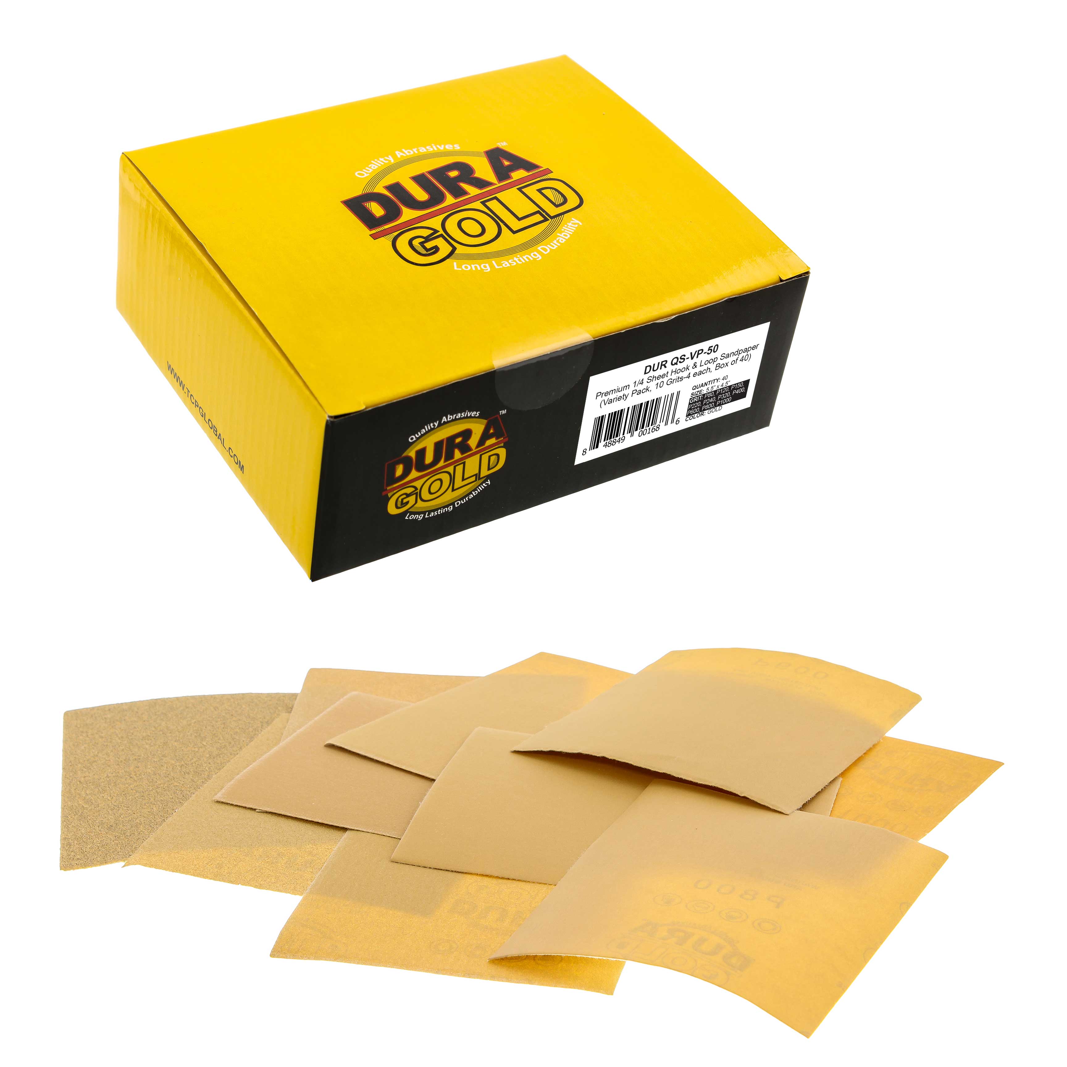 Premium 1/4 Sheet Hook & Loop Sandpaper Variety Grit Pack (80-1000) - 40-Piece Box for Woodworking, Metal Polishing & DIY Projects - 5.5