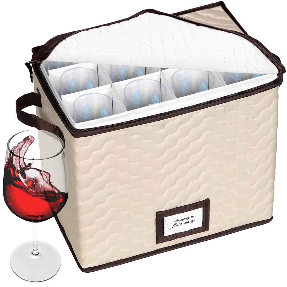 HOLDN’ STORAGE Wine Glass Organizer with Dividers - Set of 2 Durable Quilted Stemware Storage Cases, Holds 12 Champagne Flute Glasses Up To 11