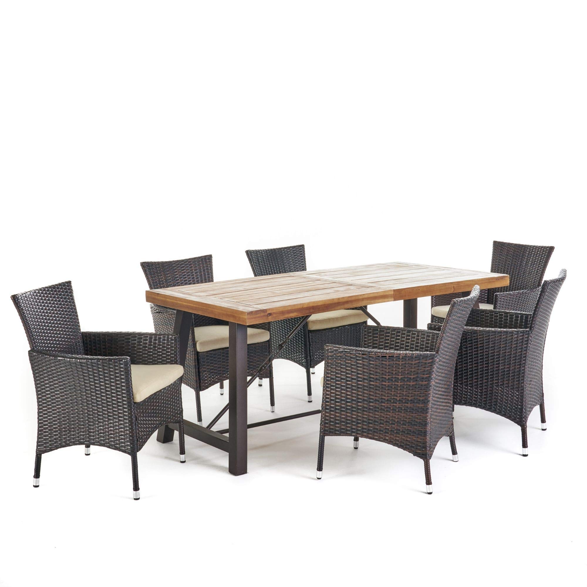 7-Piece Brown Teak Finish Outdoor Dining Set with Beige Cushions - Weather-Resistant Patio Furniture for Garden, Poolside & Backyard Entertaining