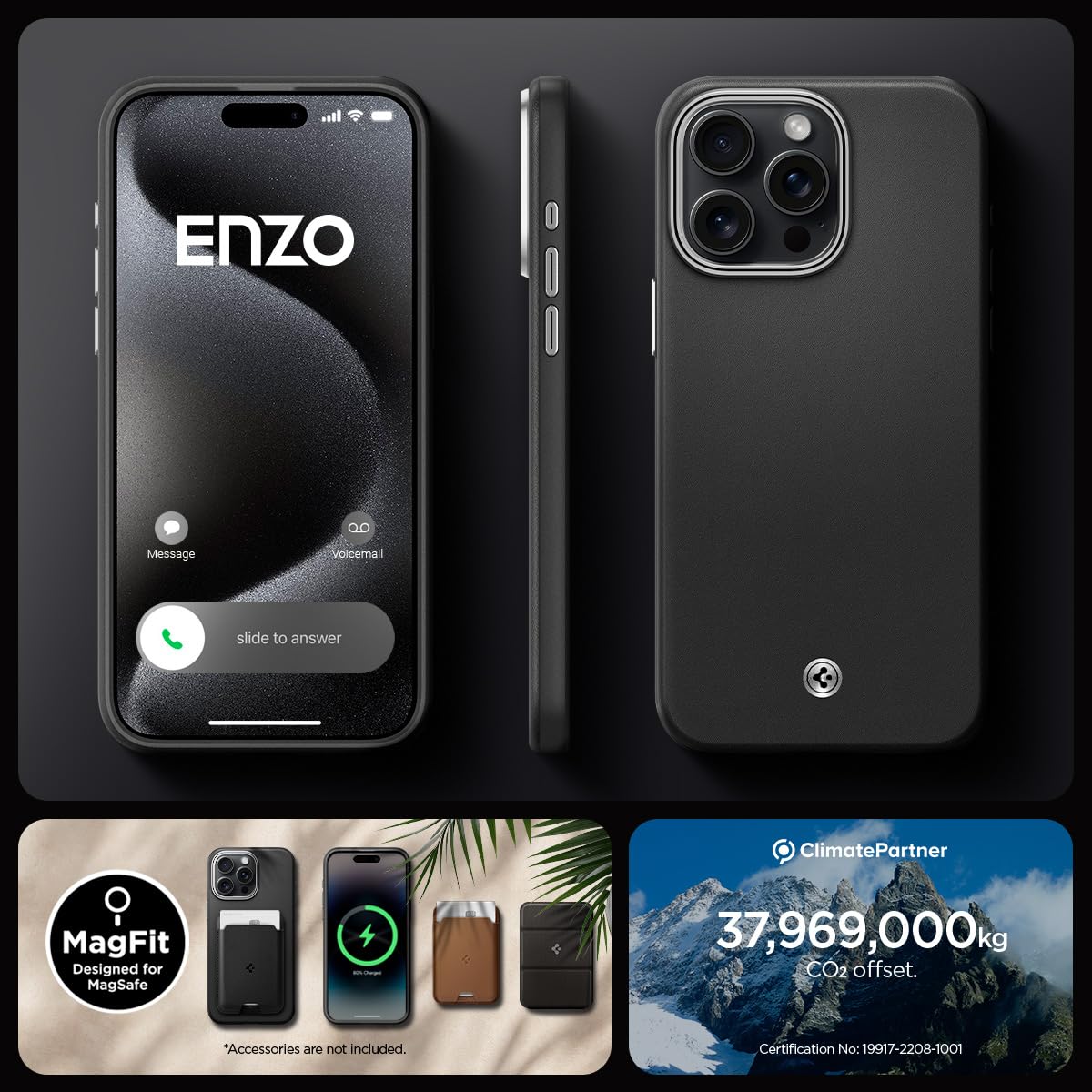 Premium Leather Spigen Enzo Case for iPhone 15 Pro Max - Magsafe Compatible, Slim Protective Cover (Black) | Perfect for Business Professionals & Daily Commuters