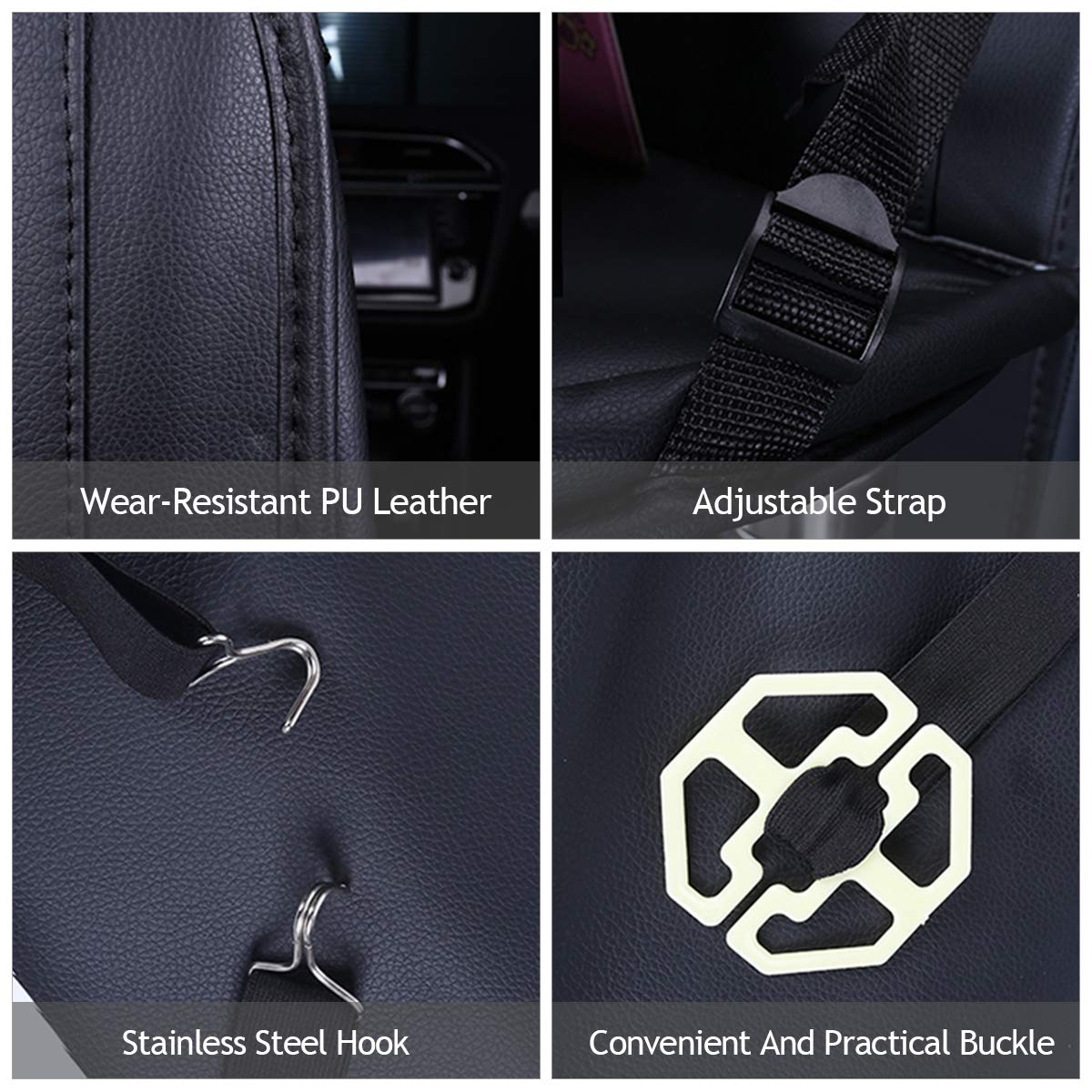 Premium PU Leather Car Back Seat Organizer with Foldable Tablet Holder - 2 Pack Black Multi-Function Kick Mats for Long Trips & Family Travel - Protects Seats & Organizes Toys, Snacks, Electronics