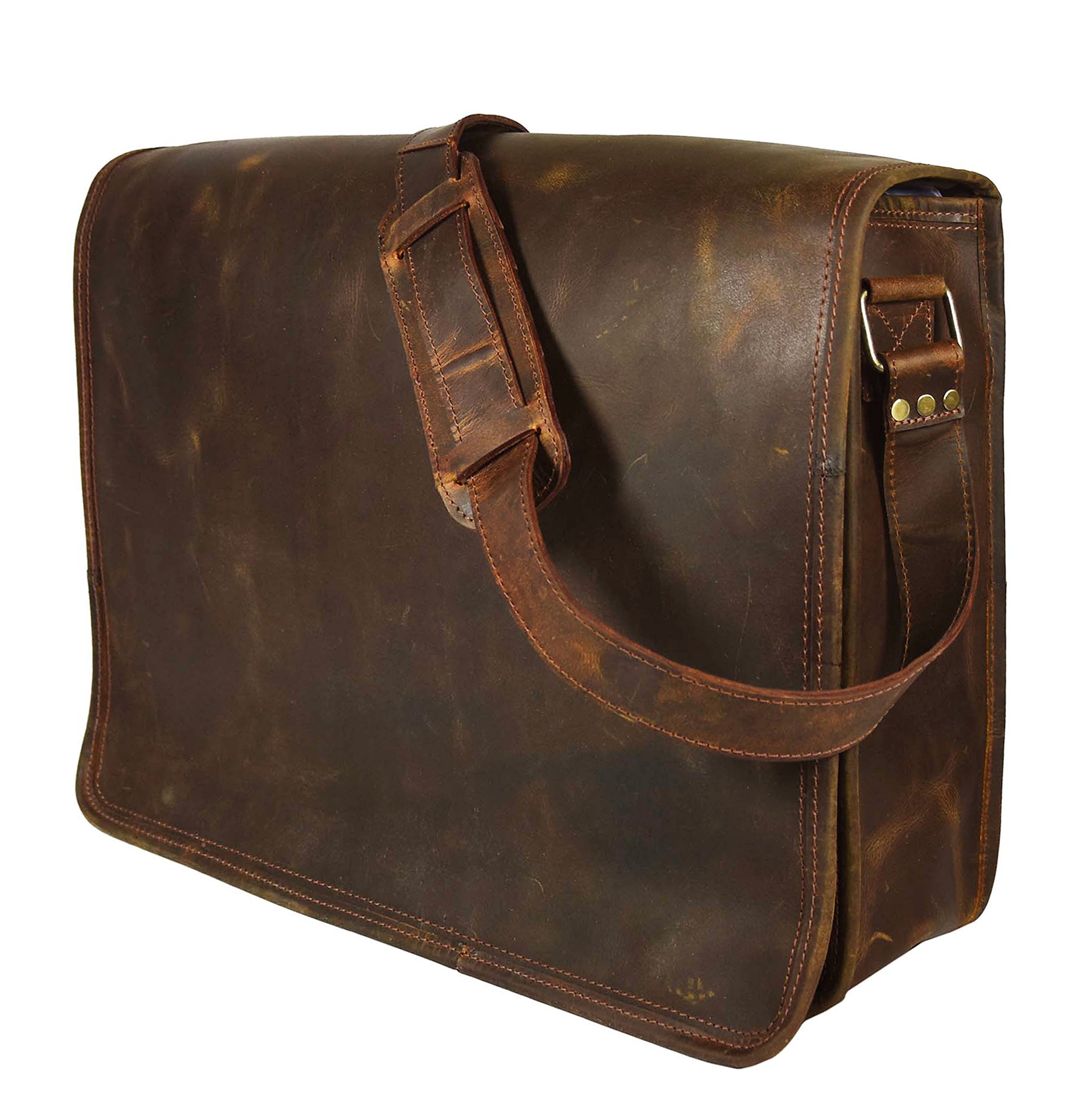 Vintage Rustic Leather Crossbody Messenger Bag - 16 Inch Satchel Briefcase for Men & Women, Laptop Carry Bag, Perfect for Work, Travel & Daily Use