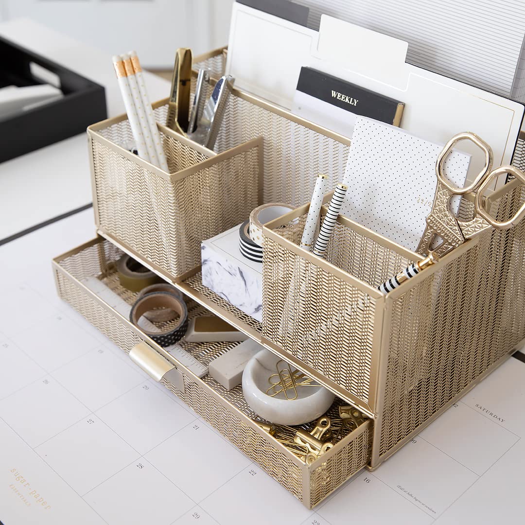 BLU MONACO Gold Desk Organizer with Sticky Note & File Holder - Office Accessories & Workspace Storage Solution | Vanity & Bathroom Countertop Organizer for Home & Office Use | Perfect for Desk Organization, Makeup Storage & Small Space Management
