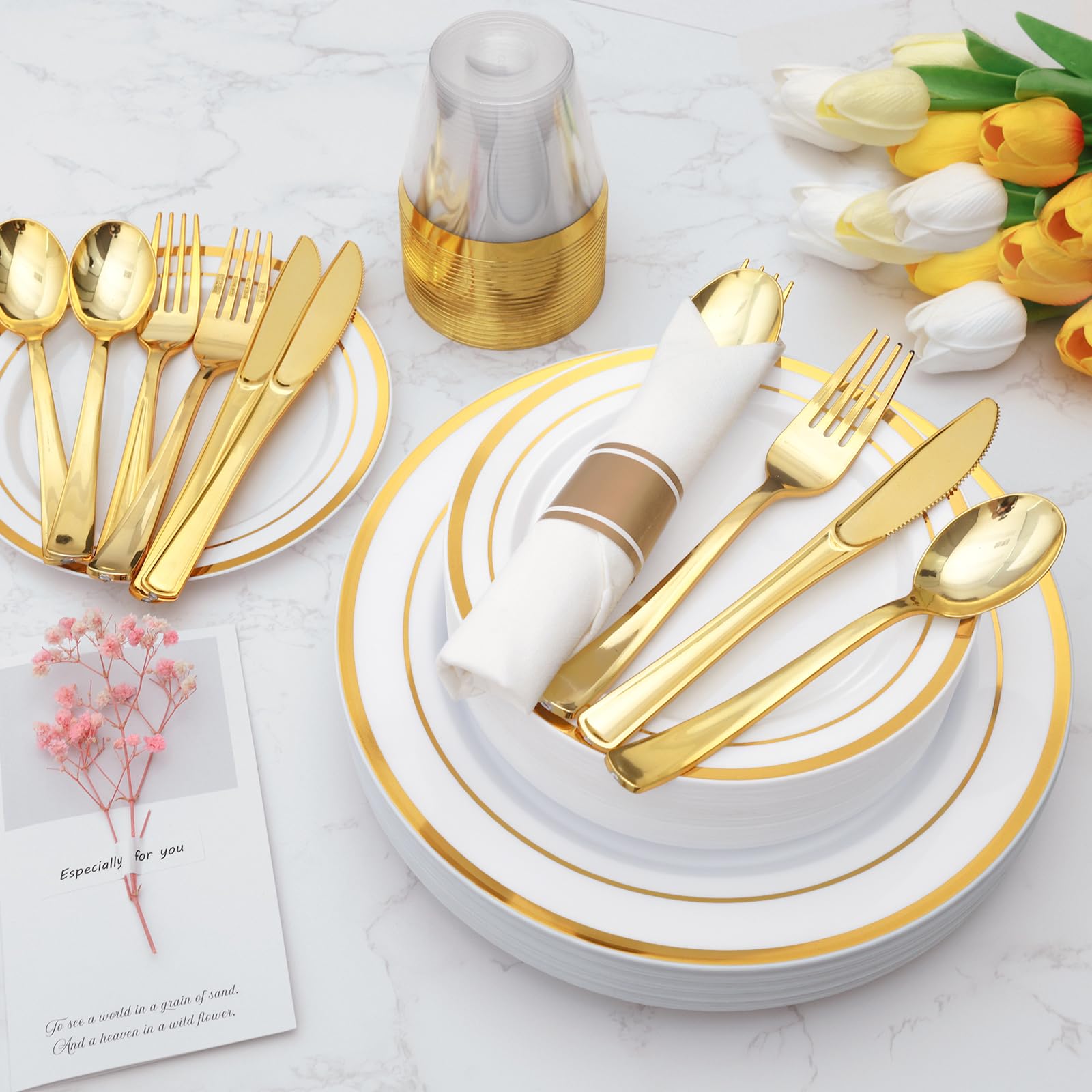 Goodluck 350-Piece Gold Plastic Dinnerware Set for 50 Guests - Elegant Disposable Plates, Cups & Silverware for Parties, Weddings & Events | Includes 50 Dinner Plates, 50 Dessert Plates, 50 Pre-Rolled Napkins & 50 Cups