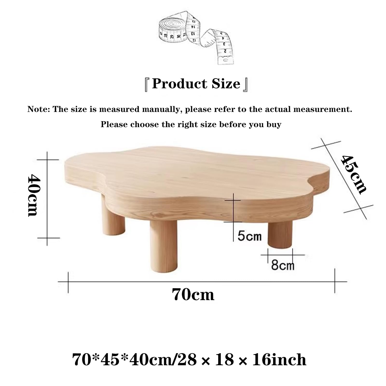 Cloud Coffee Table - Irregular Solid Wood Modern End Table with 3 Legs, Round Corners & Thickened Top (28×18×16