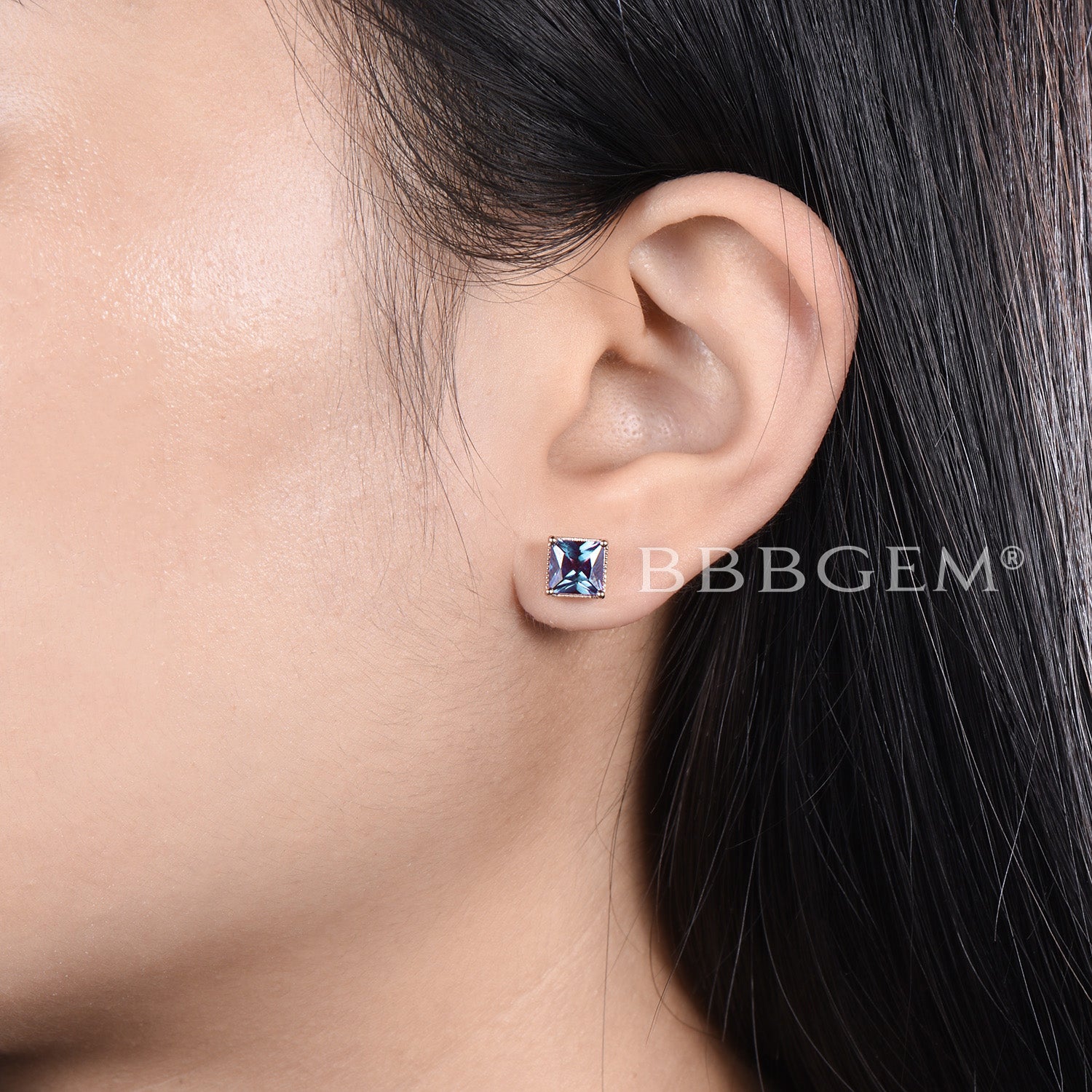 Princess Cut Alexandrite Stud Earrings - Minimalist June Birthstone Jewelry for Wedding, Anniversary & Gift | Hypoallergenic Sterling Silver Earrings for Women