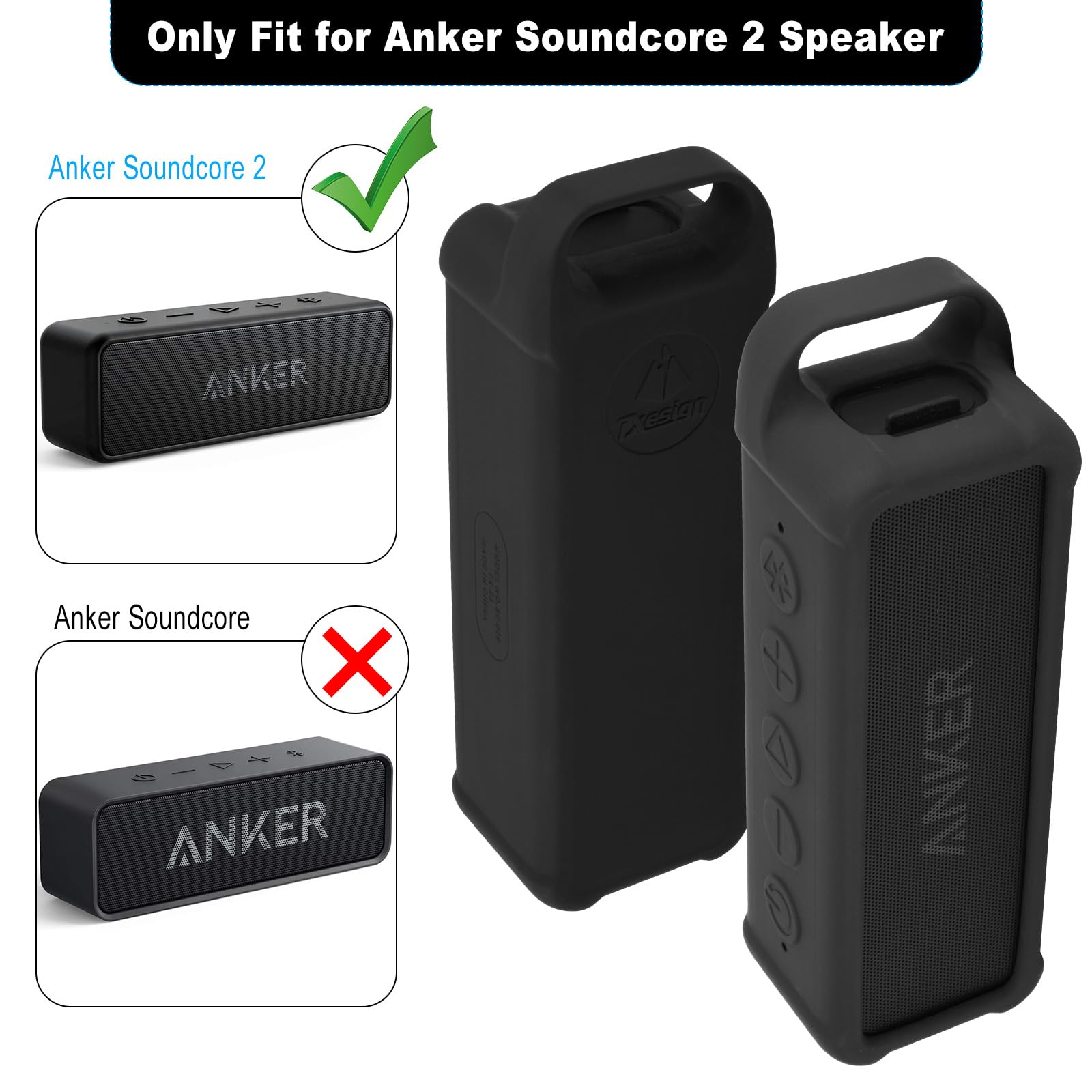 Anker Soundcore 2 Speaker Case - Shockproof Silicone Protective Cover with Handle & Carabiner Clip | Travel, Outdoor, Beach, Camping Accessory for Anker Soundcore 2 Portable Bluetooth Speaker (Black)