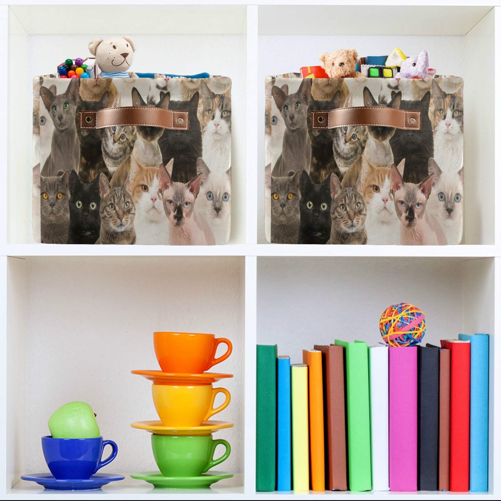 Cute Animal Cat Storage Basket - Durable Collapsible Canvas Toy Organizer Bin with Handles for Shelf, Closet, Bedroom & Home Office - Perfect for Pet Toys, Kids Room Organization & Home Decor