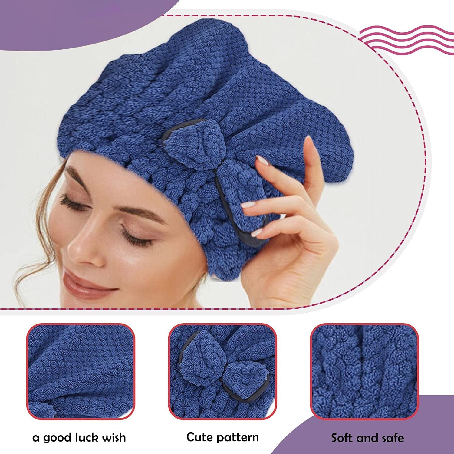Microfiber Hair Towel Wrap for Women & Girls - Super Absorbent Quick Dry Hair Towel with Bow-Knot - Shower Cap Alternative - 1/7 Pack (D Color, 1Pc) - Perfect for Post-Shower, Salon, Gym & Travel Use