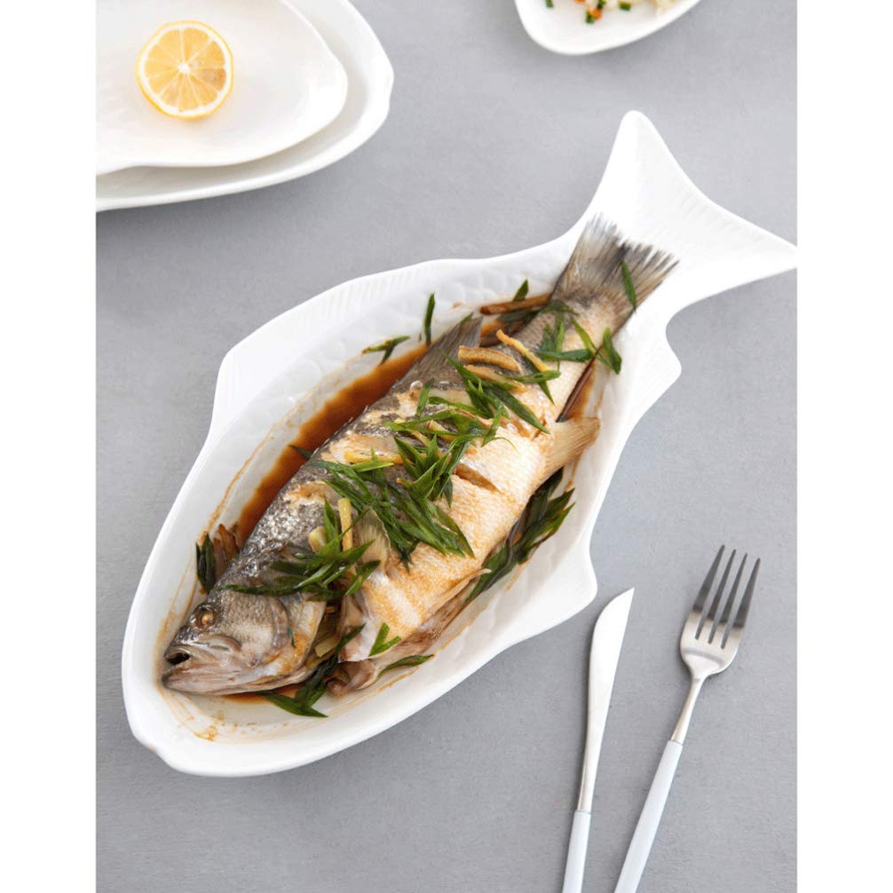 DOITOOL 11-Inch White Ceramic Fish-Shaped Serving Dish - Creative Decorative Platter for Snacks, Sushi & Appetizers - Perfect for Restaurants, Home Dining & Party Entertaining