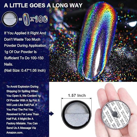 Holographic Nail Powder - Rainbow Unicorn Mirror Effect Glitter Dust for Nail Art | Multi-Effect Holo Powder in 10g Jar | Perfect for DIY Manicures, Salon Nail Designs & Special Occasions