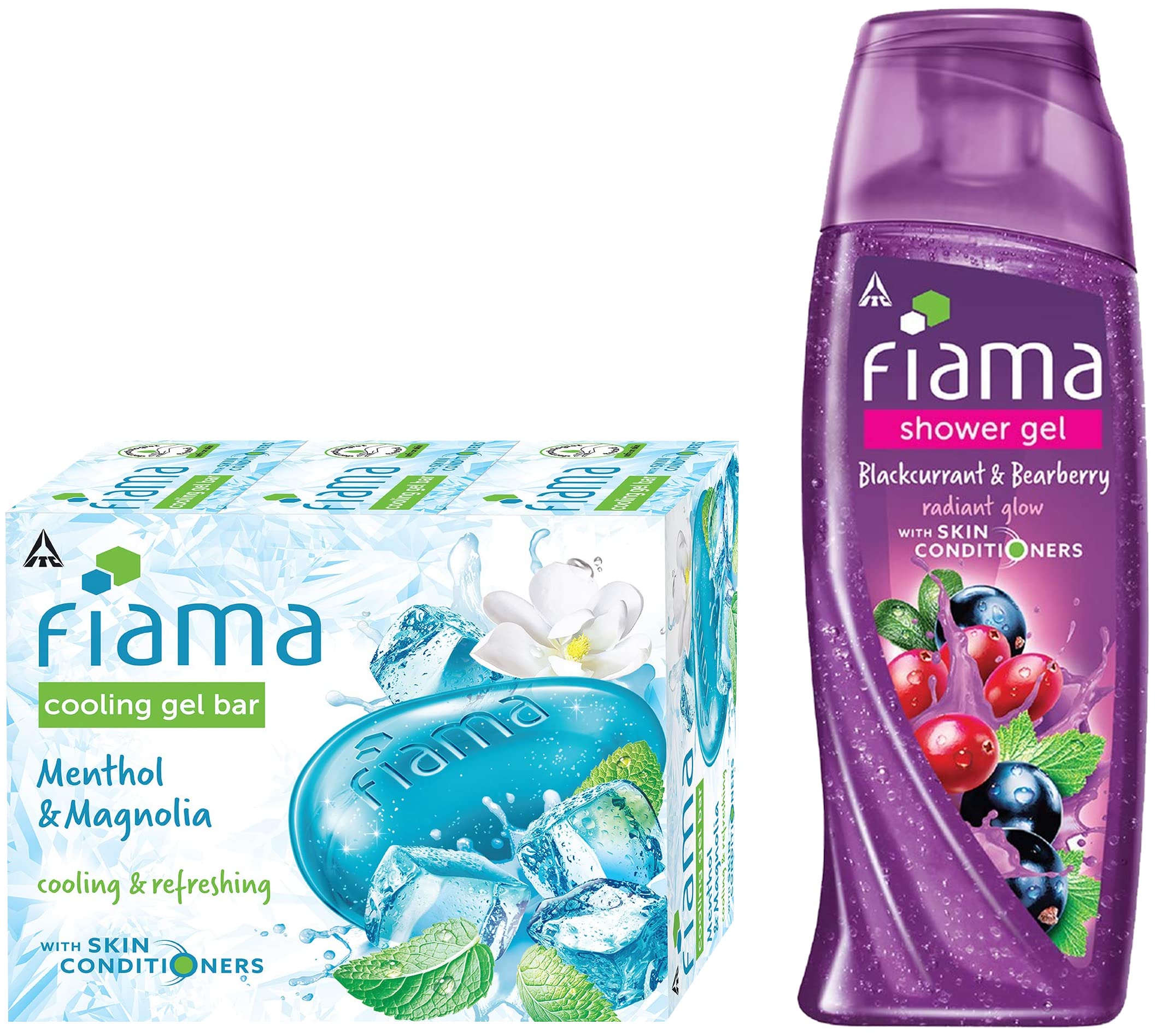Fiama Cooling Gel Bathing Bar with Menthol & Magnolia - 125g Soap (Pack of 3) & Blackcurrant Bearberry Shower Gel 250ml - Moisturizing Skin Conditioners for Refreshing Bath - Perfect for Summer Cooling & Sensitive Skin Care