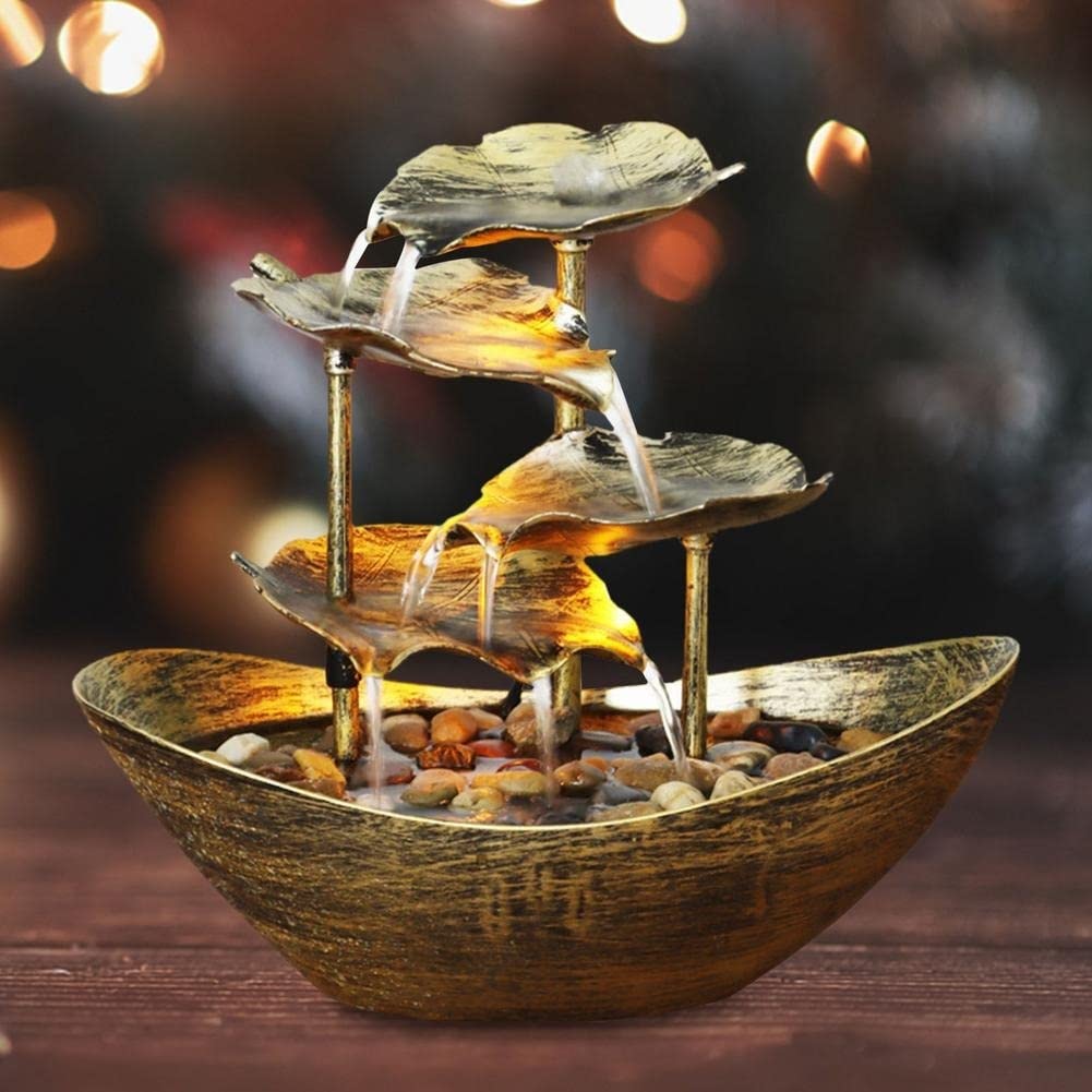 Gold Desktop Water Fountain Lamp - Decorative Tabletop Fountain with LED Lights, Lotus Leaf Design for Home, Office, Porch & Meditation Spaces | Relaxing Indoor Waterfall Decor