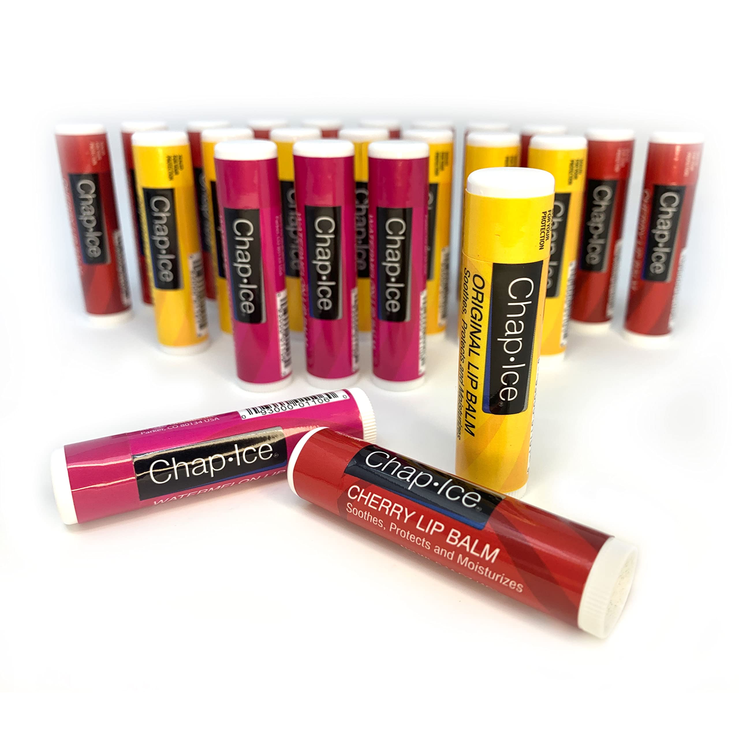 Chap-Ice Assorted Lip Balm 24-Count Pack - Watermelon, Original & Cherry Flavors - Moisturizing Lip Care for Dry Lips - Perfect for School, Travel, and Winter Protection