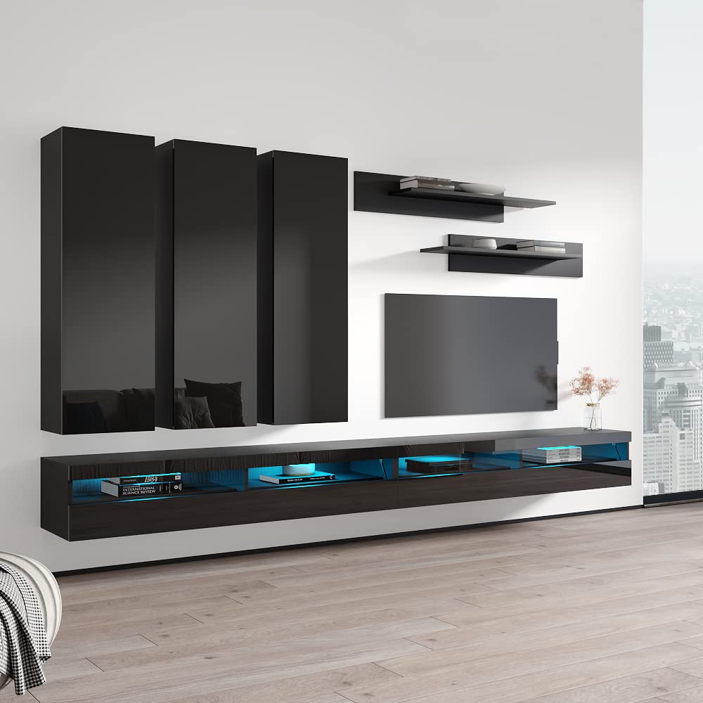 Modern Floating TV Stand with LED Lights & Storage - Wall-Mounted Entertainment Center for Bedroom & Living Room - E1 35TV Console with Shelves - Perfect for Small Spaces & Home Theater Setup - Black