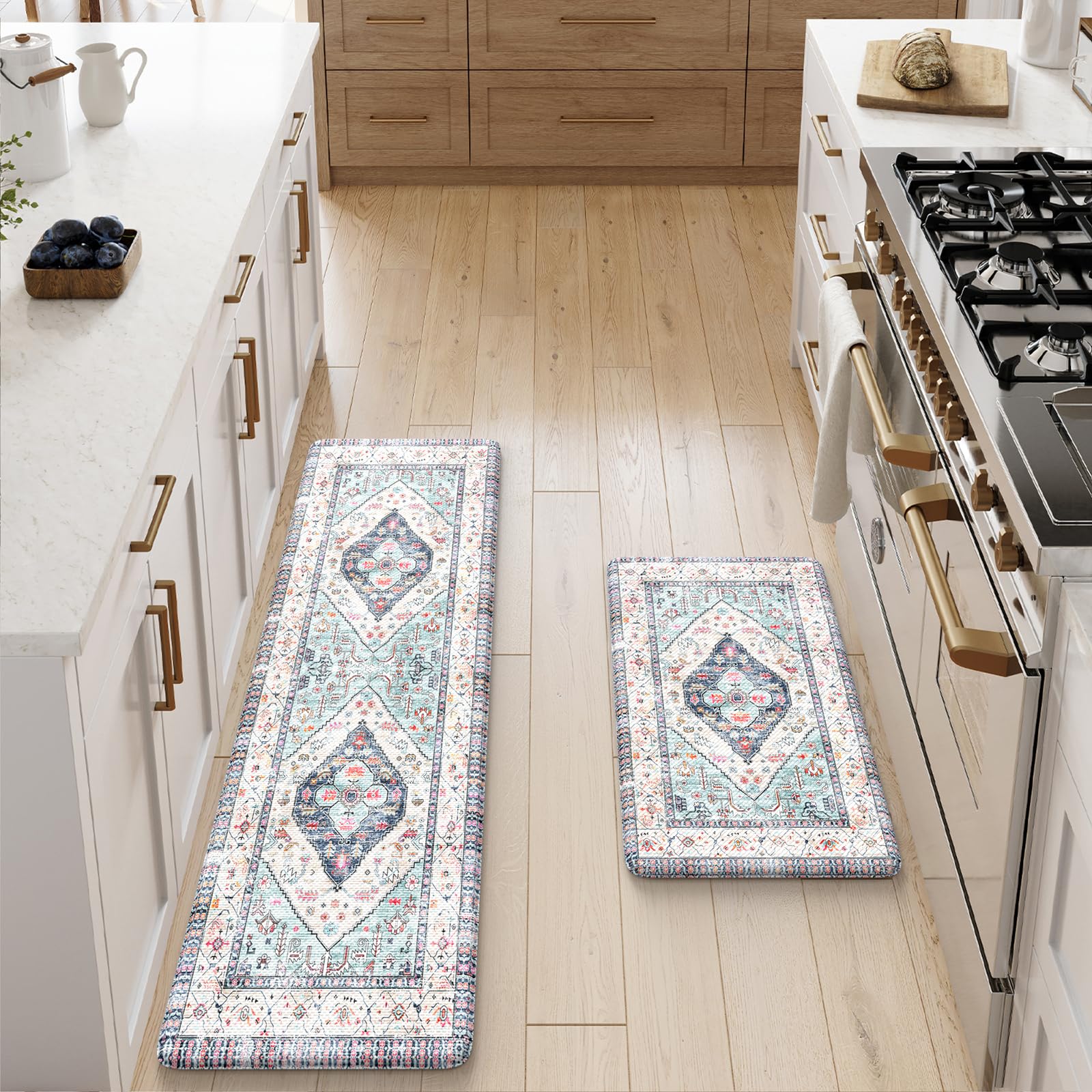 Farmhouse Kitchen Mat 2-Pack - Cushioned Anti-Fatigue Floor Mat, Non-Slip Waterproof Standing Rug for Kitchen Sink, Home Office & Laundry - Comfort Foam PVC Mat (Blue) | Perfect for Cooking, Dishwashing & Long Standing Tasks