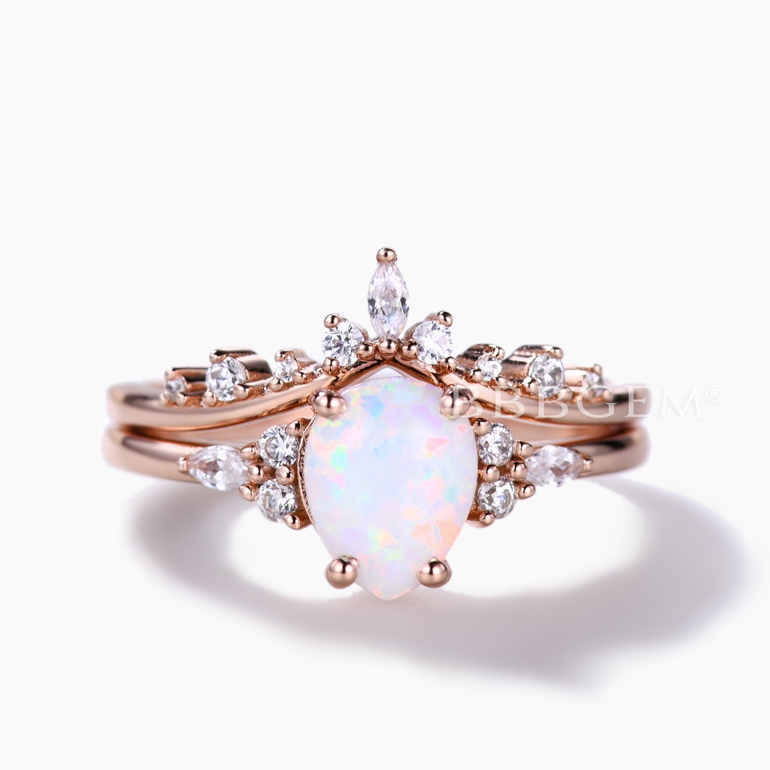 Pear Shaped Opal Bridal Ring Set with Moissanite Wedding Band - Chevron Crown Design for Engagement, Wedding & Anniversary Jewelry Gift