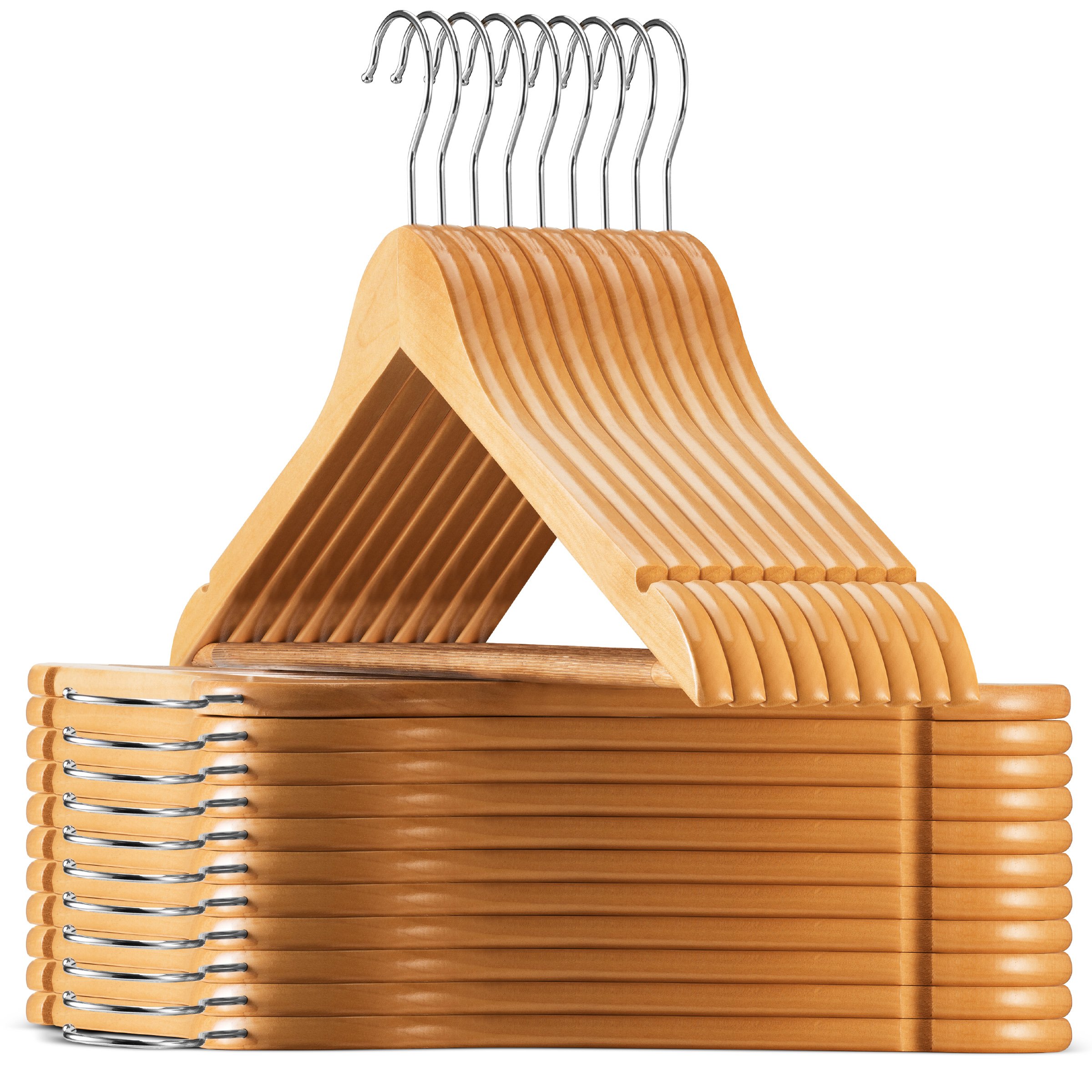 Premium Solid Wood Suit Hangers with Non-Slip Pants Bar & 360° Swivel Hook - Smooth Finish Wooden Coat Hangers for Jackets, Dresses, Pants & Camisoles - Perfect for Closet Organization & Luxury Wardrobe Storage