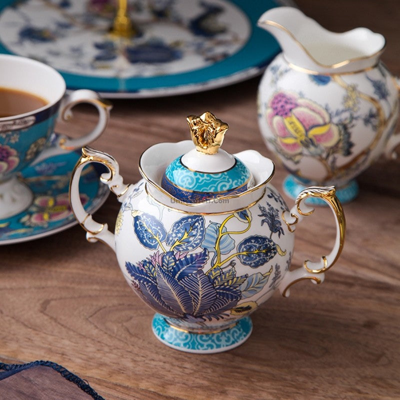 Elegant Blue Floral Bone China Tea Set - 12-Piece Porcelain Tea Cups & Saucers for Afternoon Tea, Bridal Shower, and Home Decor