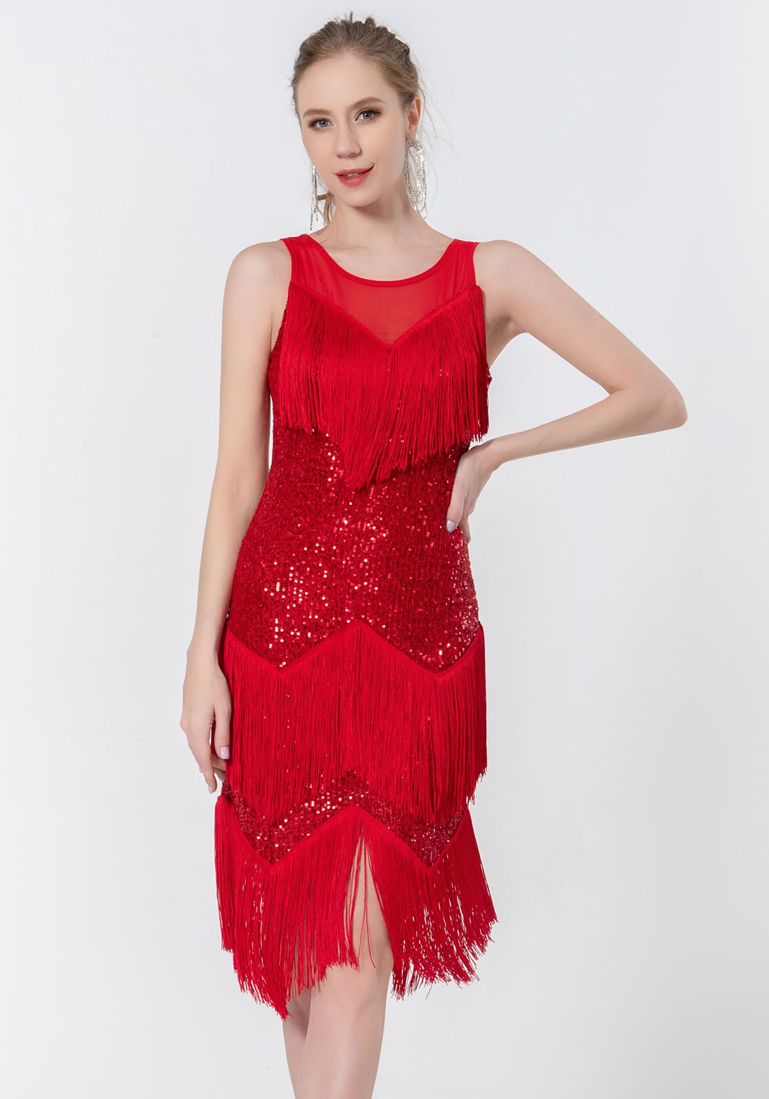Z&X Women's Salsa Latin Dance Dress with Glitter Sequin Fringe - Flapper Party Dress for Ballroom, Club & Performance - Perfect for Latin Dance, Nightclub & Costume Parties