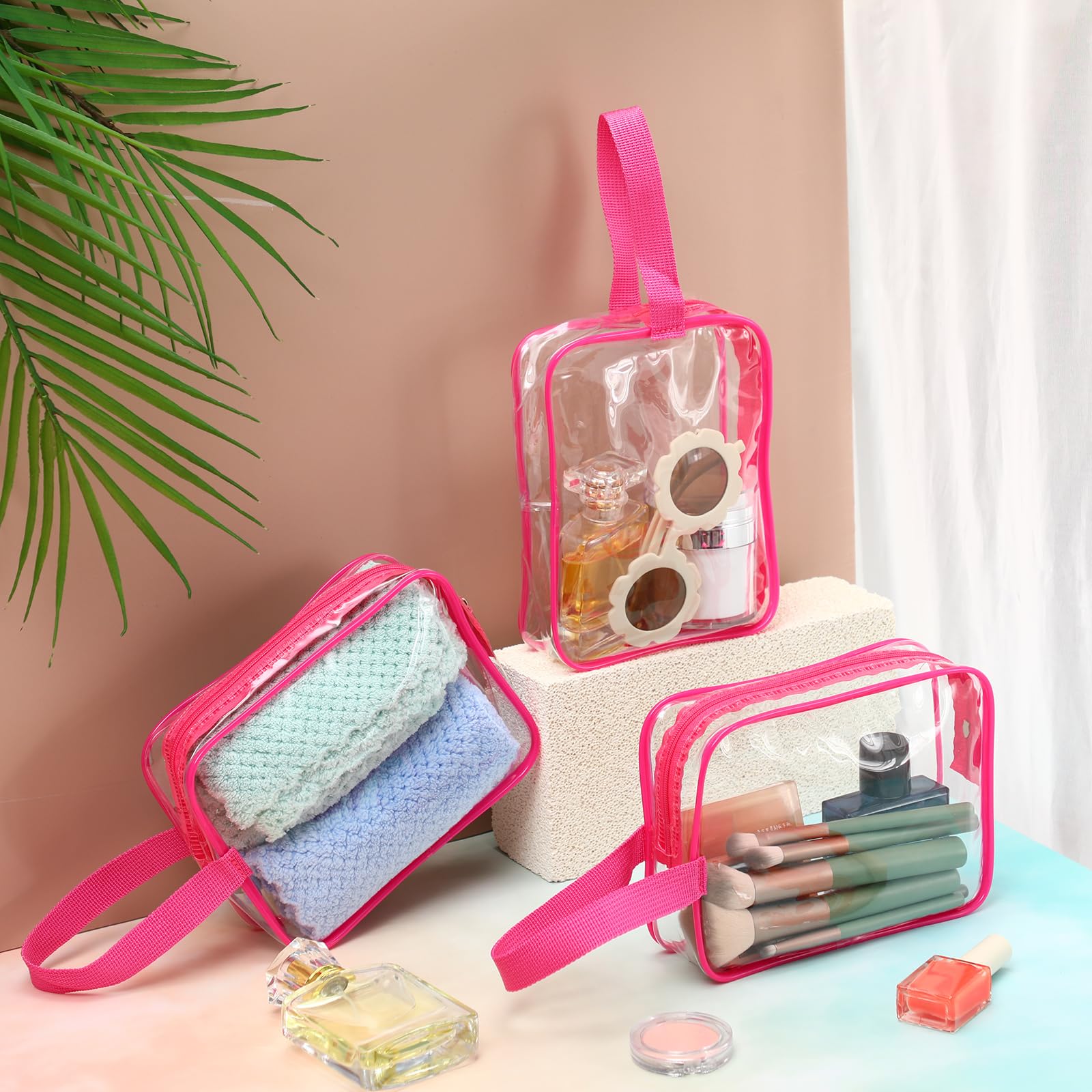 Silkfly 24 Pcs Clear PVC Travel Toiletry Bag with Handle Strap - Waterproof Cosmetic Makeup Organizer for Women, Perfect for Vacation, Gym, Salon & Mother's Day Gift (Rose Pink)