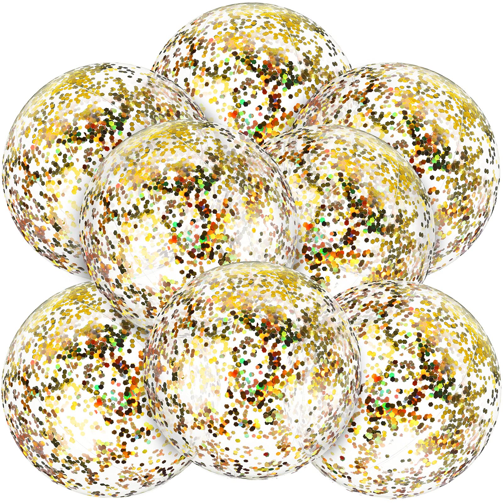 Skylety 8-Piece Inflatable Clear Glitter Confetti Beach Balls - Transparent Pool Party Decorations for Summer, Swimming Pools, Beach Parties & Outdoor Events (Gold)