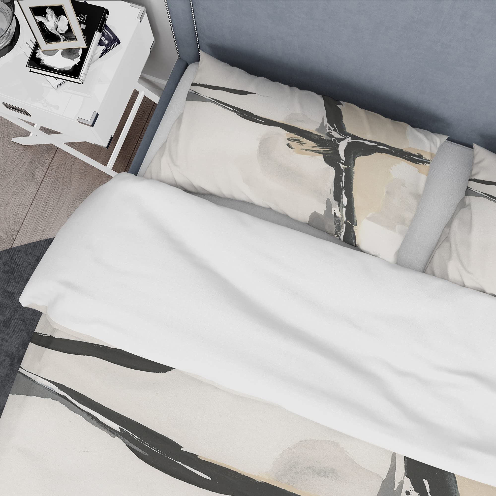 Modern Abstract Duvet Cover Set King - Creamy Tan & Black for Contemporary Bedrooms