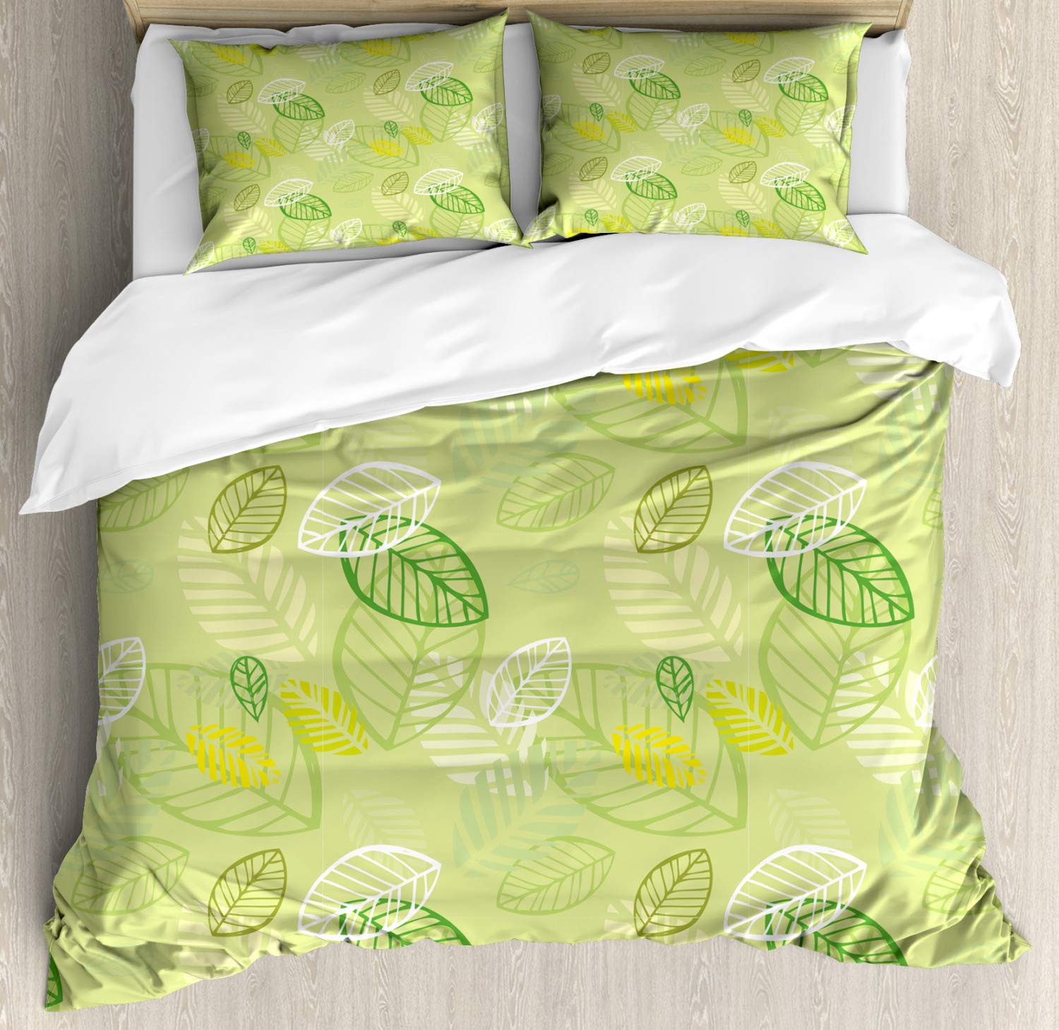 Ambesonne Floral Duvet Cover Set King Size - Leaf Pattern in Apple Green, Fern Green, White & Yellow - 3 Piece Bedding Set with 2 Pillow Shams - Pistachio Green Multicolor - Perfect for Master Bedroom, Guest Room & Bohemian Home Decor