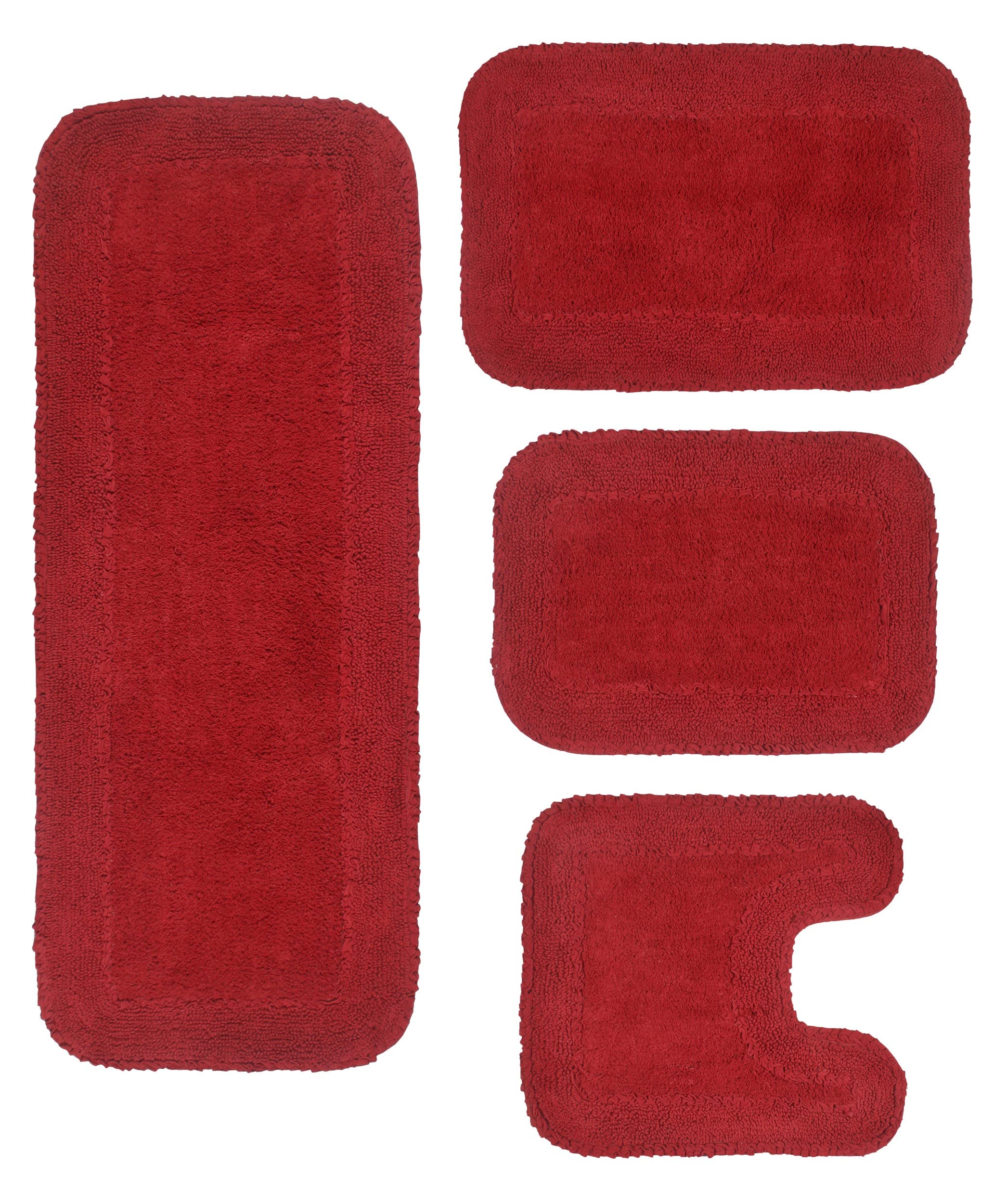 Home Weavers Radiant Collection 100% Cotton Bathroom Rugs Set - Ultra Soft, Absorbent & Washable Non-Slip Bath Mat for Bathroom & Kitchen - 4 Piece Set with Runner in Red - Perfect for Bathroom Safety, Kitchen Comfort & Home Decor