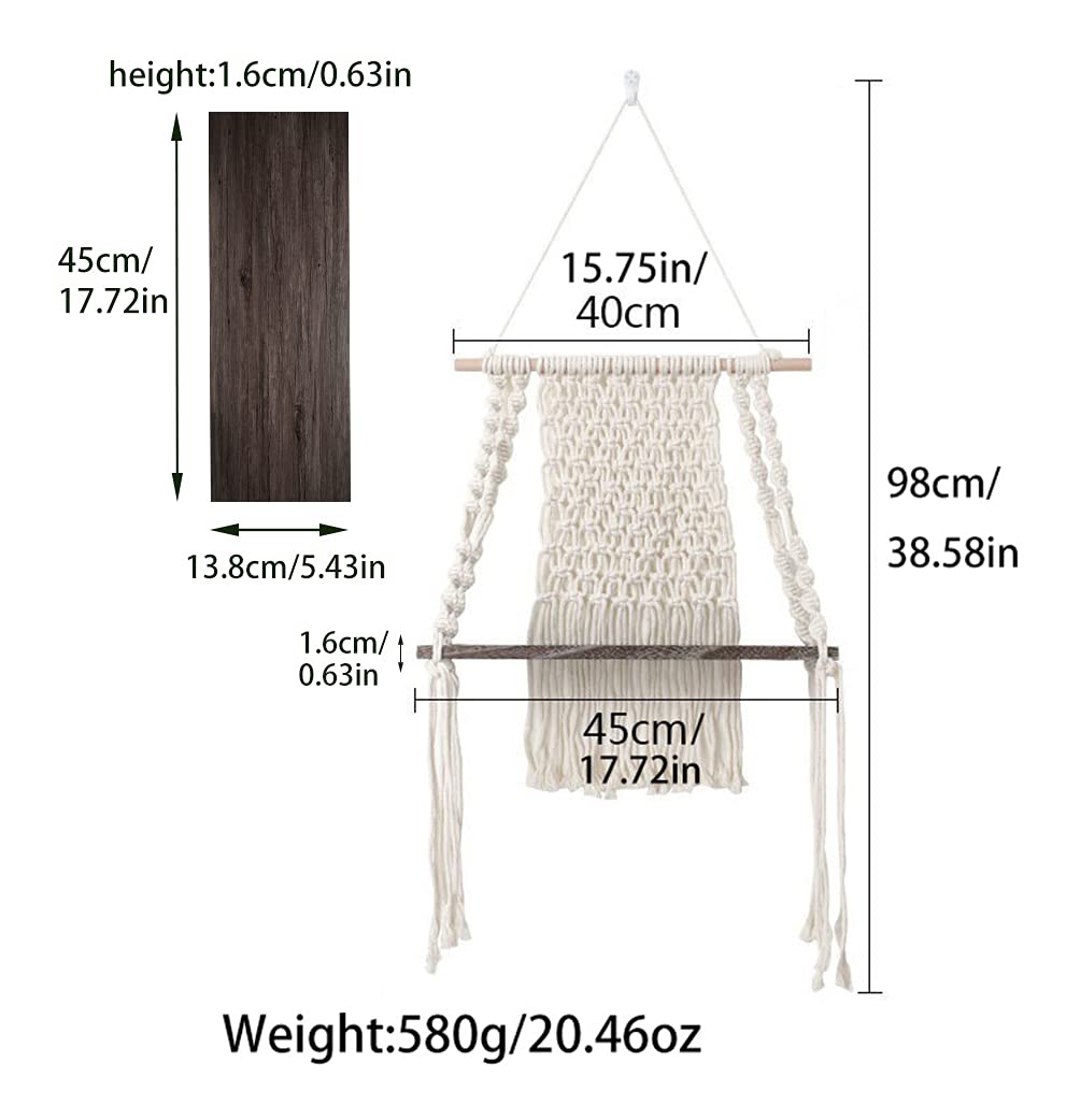 Handmade Macrame Wall Hanging Shelf - Bohemian Cotton Rope Plant Hanger with Dark Wood, Boho Home Decor for Bedroom & Living Room - Perfect for Indoor Plants, Books, and Decorative Storage