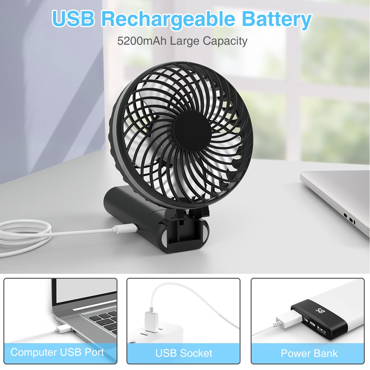 Portable USB Rechargeable Handheld Fan with 5200mAh Power Bank - 5 Speed Mini Foldable Desk Fan with LED Display for Home, Office & Travel - Perfect for Indoor Use, Outdoor Activities and Hot Weather Cooling