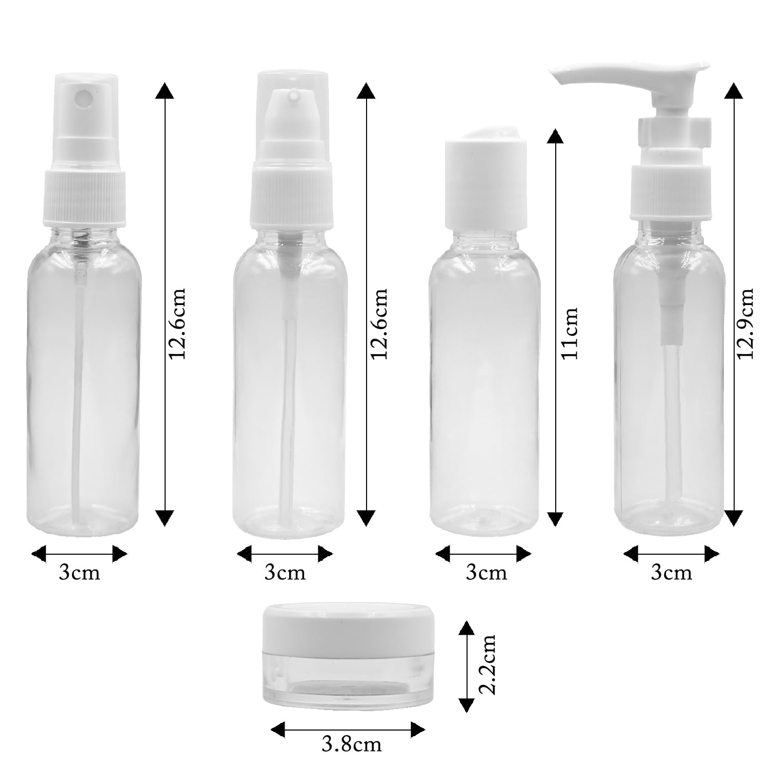 Happy Packaging 7-Piece Travel Bottles Kit - Leak Proof Refillable Toiletry Containers Set for Shampoo, Lotion, Cream & Mist Spray | Portable Cosmetic Jars for Airplane, Gym & Vacation (4 Bottles, White)