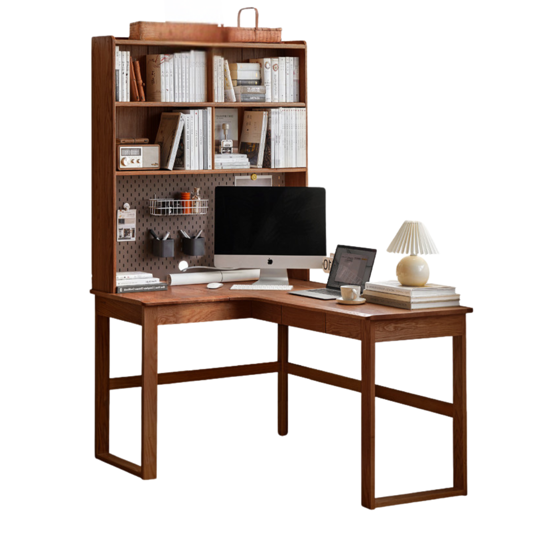 Solid Black Walnut & Oak Wood Corner Desk Bookshelf - Stylish Home Office Storage for Books, Decor & Essentials