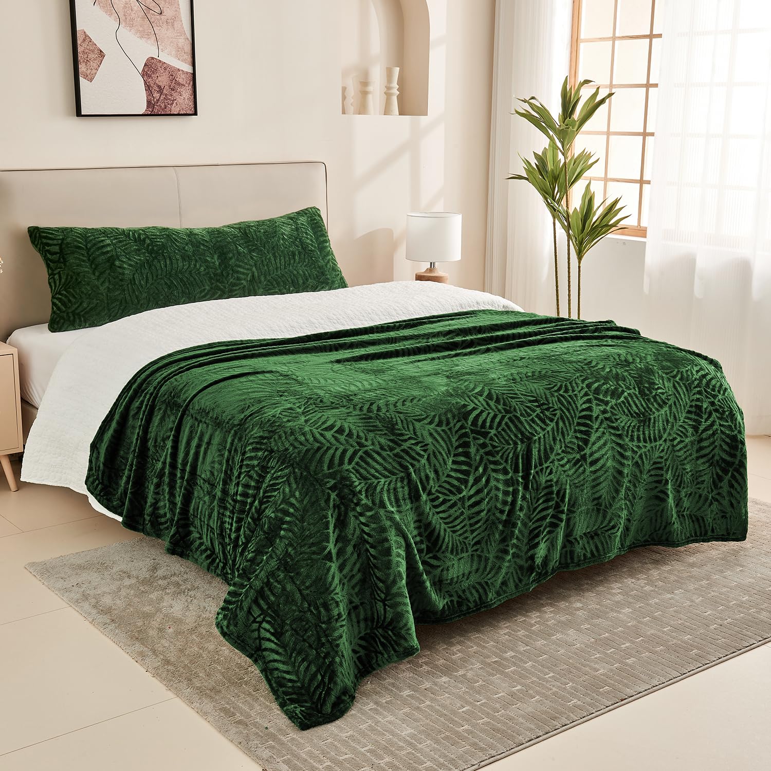 SOCHOW Ultra Soft Flannel Fleece Throw Blanket - Lightweight Cozy Warm Plush Blanket with Leaves Texture for Bed, Couch & Sofa - 60 x 80 Inches Olive Green - Perfect for Winter Nights, Movie Time & Home Decor